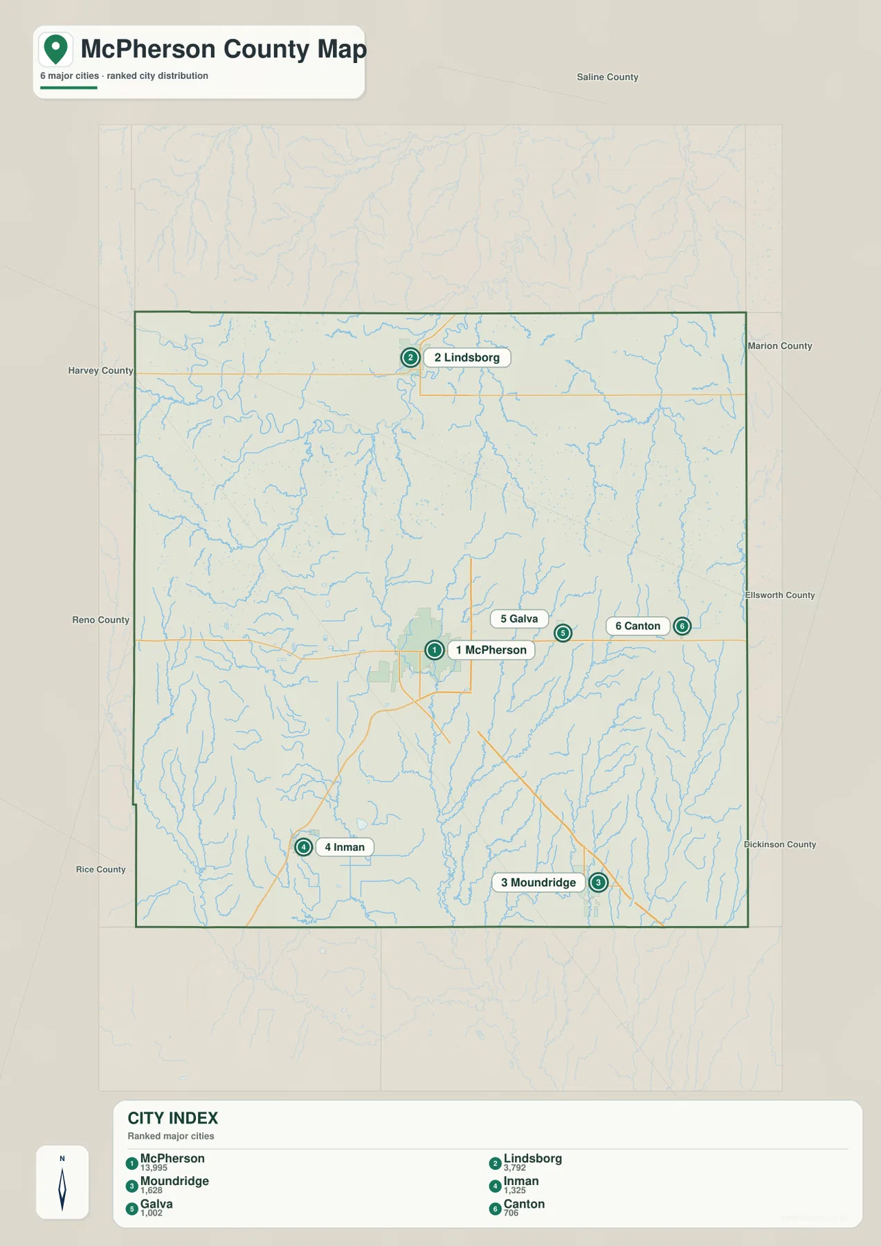 McPherson County Kansas city map of McPherson, Lindsborg, Moundridge, Inman, Galva and Canton
