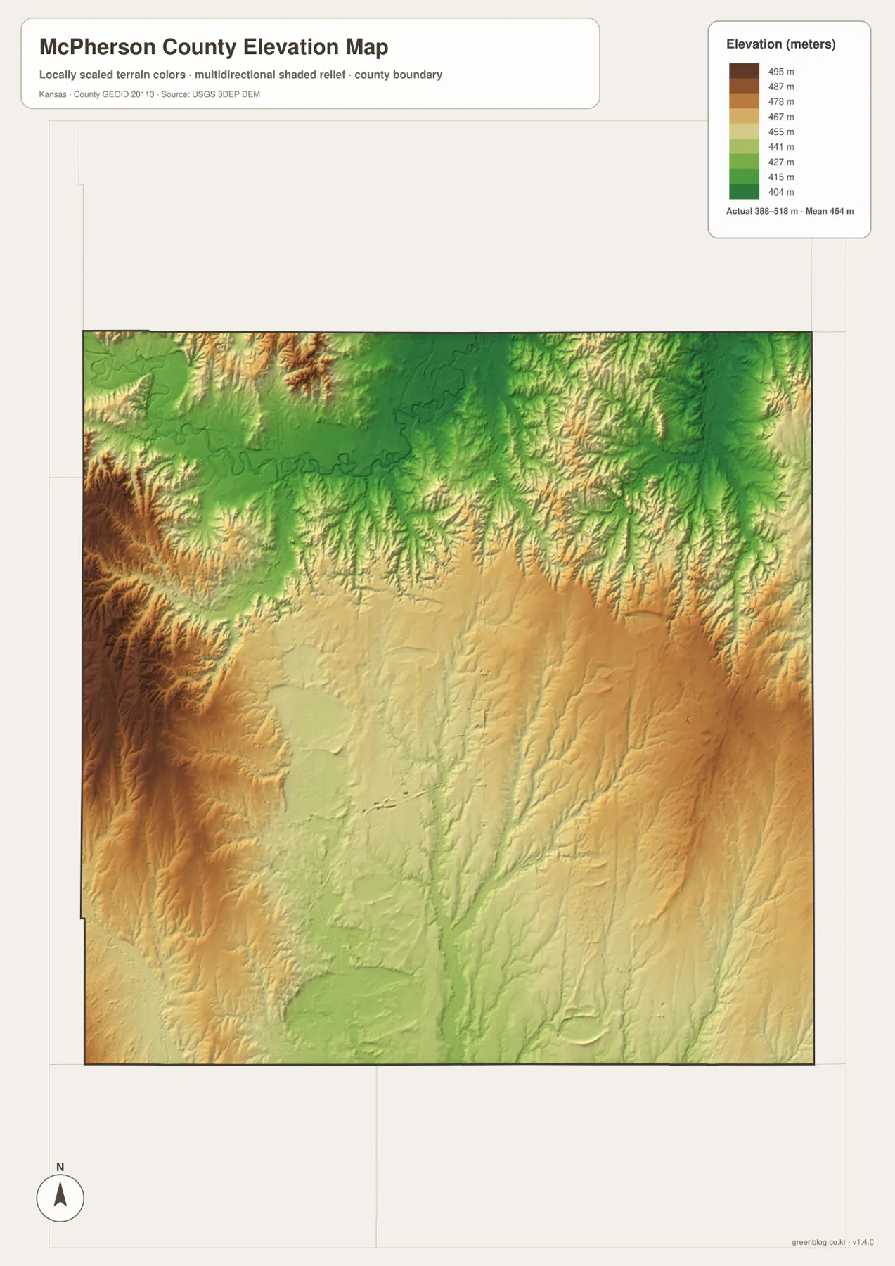 McPherson County Kansas 388~518m elevation map showing higher western uplands and lower northern and stream valleys