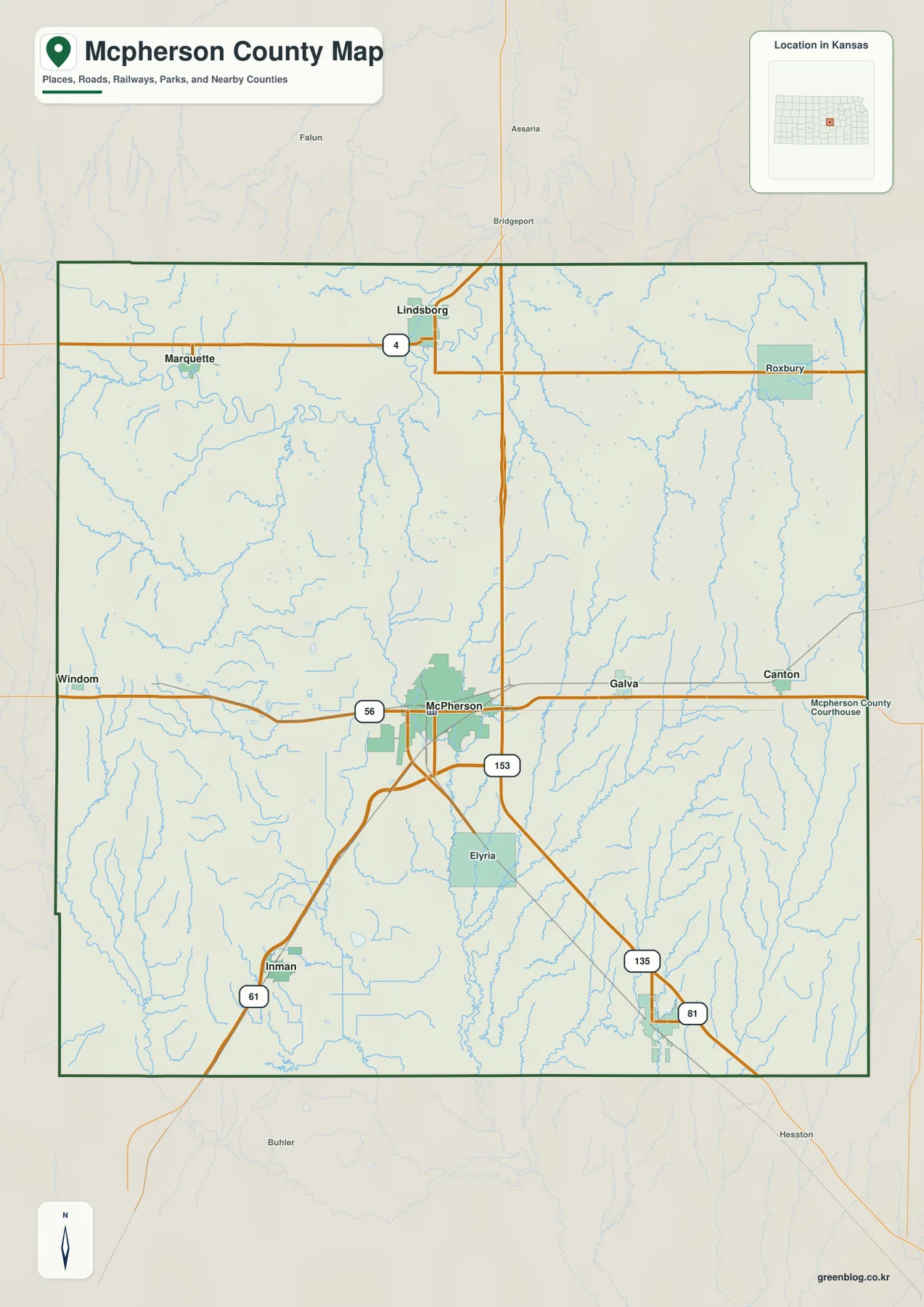 캔자스주 맥퍼슨 카운티 McPherson, Lindsborg, Inman, Galva, Canton과 US 56, I-135 주요 도로 지도