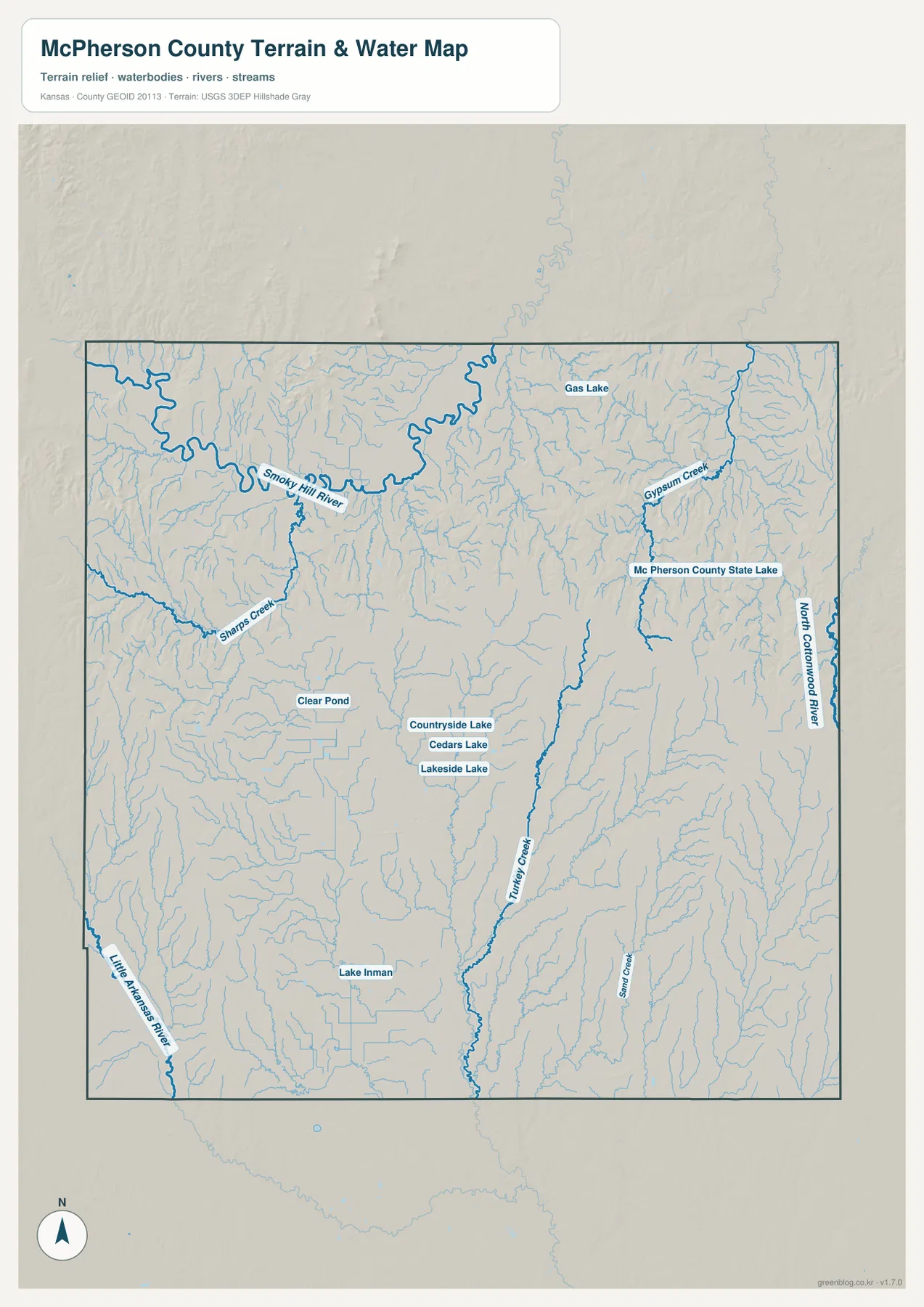 맥퍼슨 카운티 Little Arkansas River, Turkey Creek, Gypsum Creek, North Cottonwood River와 McPherson State Fishing Lake 수역 지도