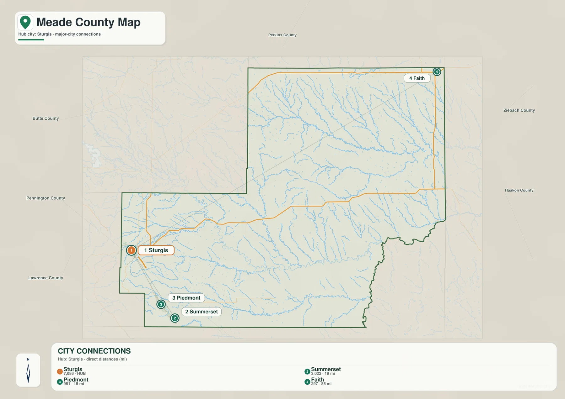 Meade County city connections map showing straight-line distances from Sturgis to Piedmont, Summerset and Faith