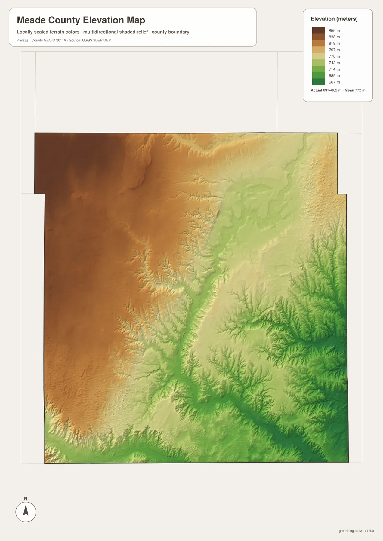 Meade County Kansas elevation map showing 637 to 862 meter terrain and higher western plains