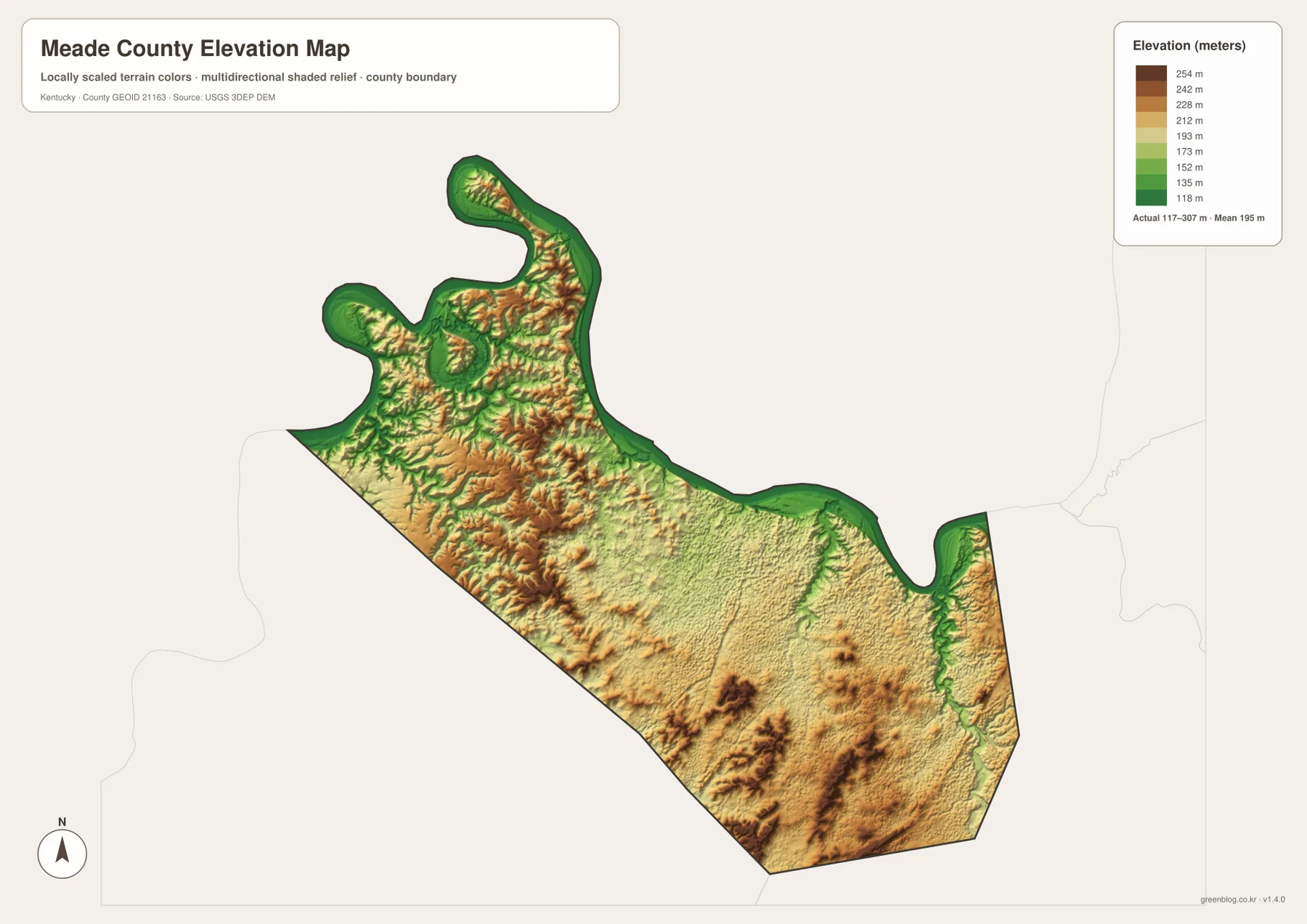 Meade County elevation map showing the 117 to 307 meter range, low Ohio River ground, northwestern ridges, and the Otter Creek valley