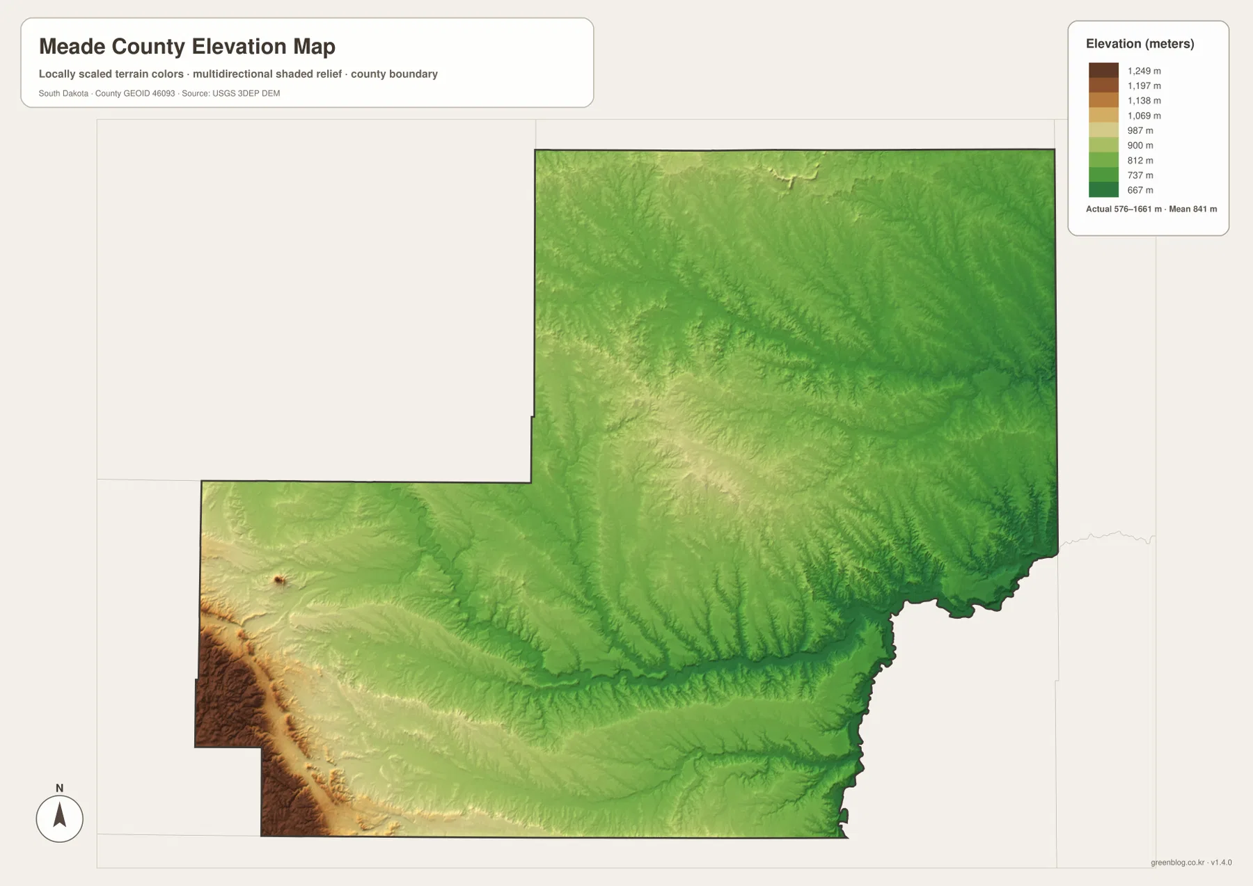Meade County South Dakota elevation map showing about 576 to 1661 meters, high western and southwestern terrain, and lower eastern valleys