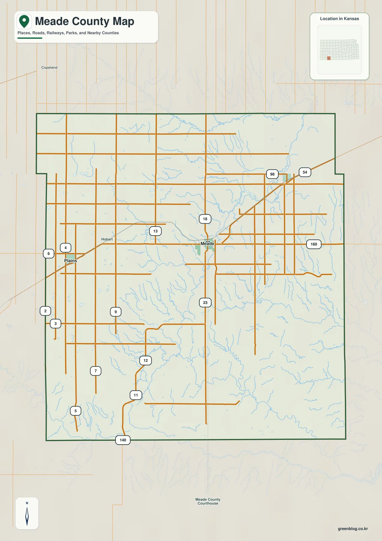 Meade County Kansas map showing Plains, Meade, Fowler, US 54, US 160 and K-23