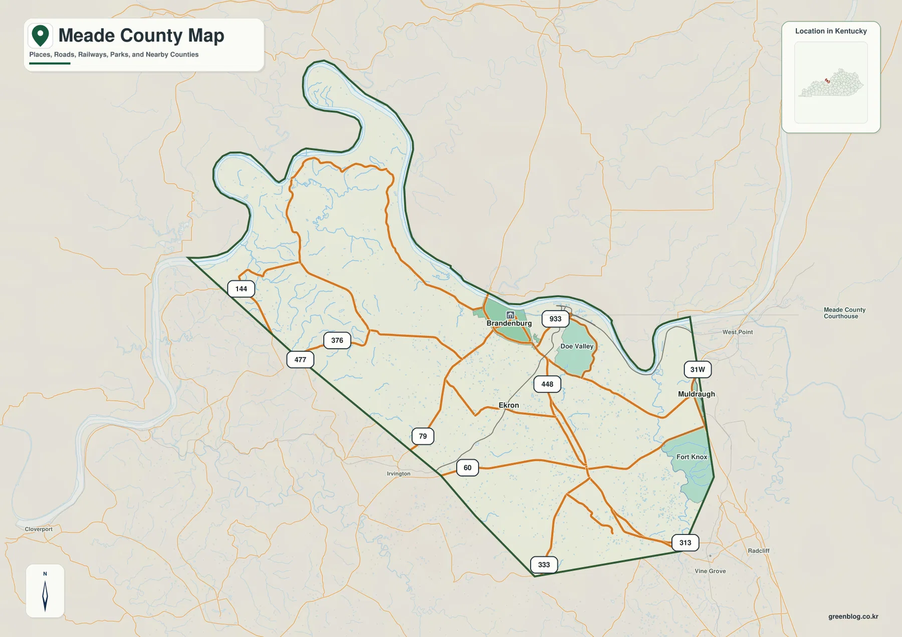 Meade County Kentucky map showing Brandenburg, Muldraugh, Ekron, Doe Valley, major roads, and the Fort Knox edge