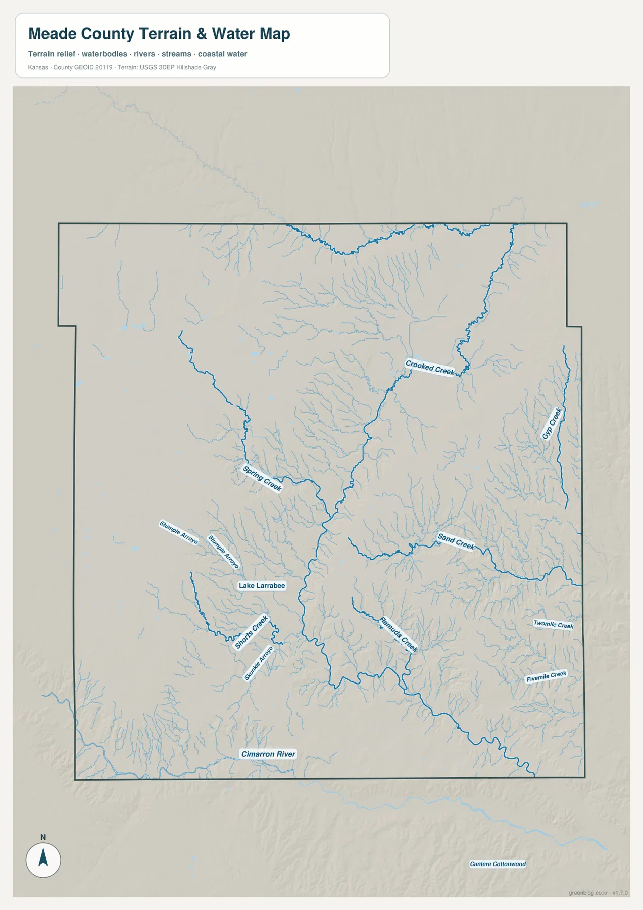 Meade County Kansas water map with Crooked Creek, Sand Creek, Spring Creek, Lake Larrabee and Cimarron River