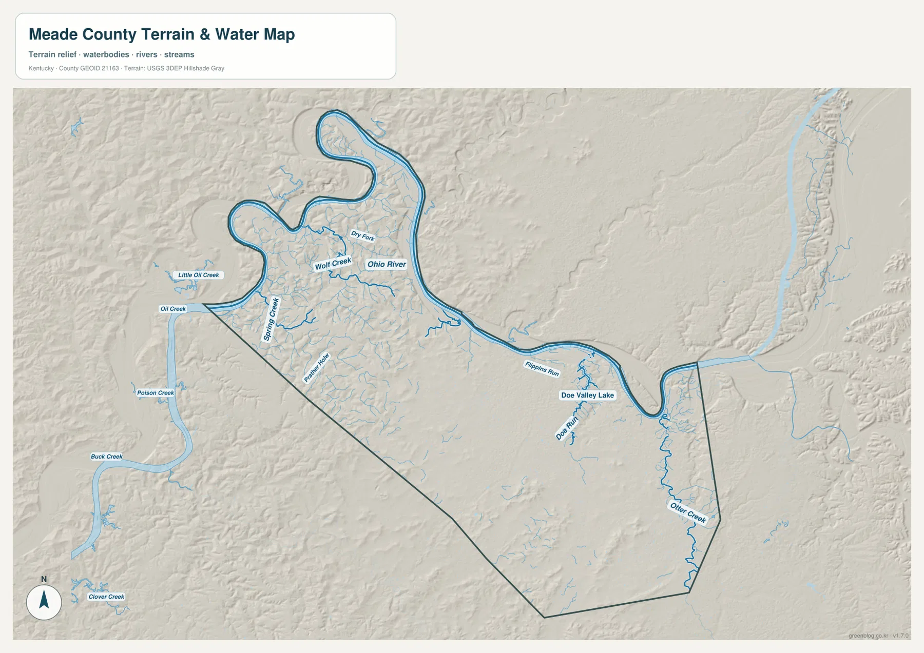 Meade County terrain and water map showing the Ohio River, Oil Creek, Spring Creek, Wolf Creek, Doe Run, Doe Valley Lake, Otter Creek, and tributaries
