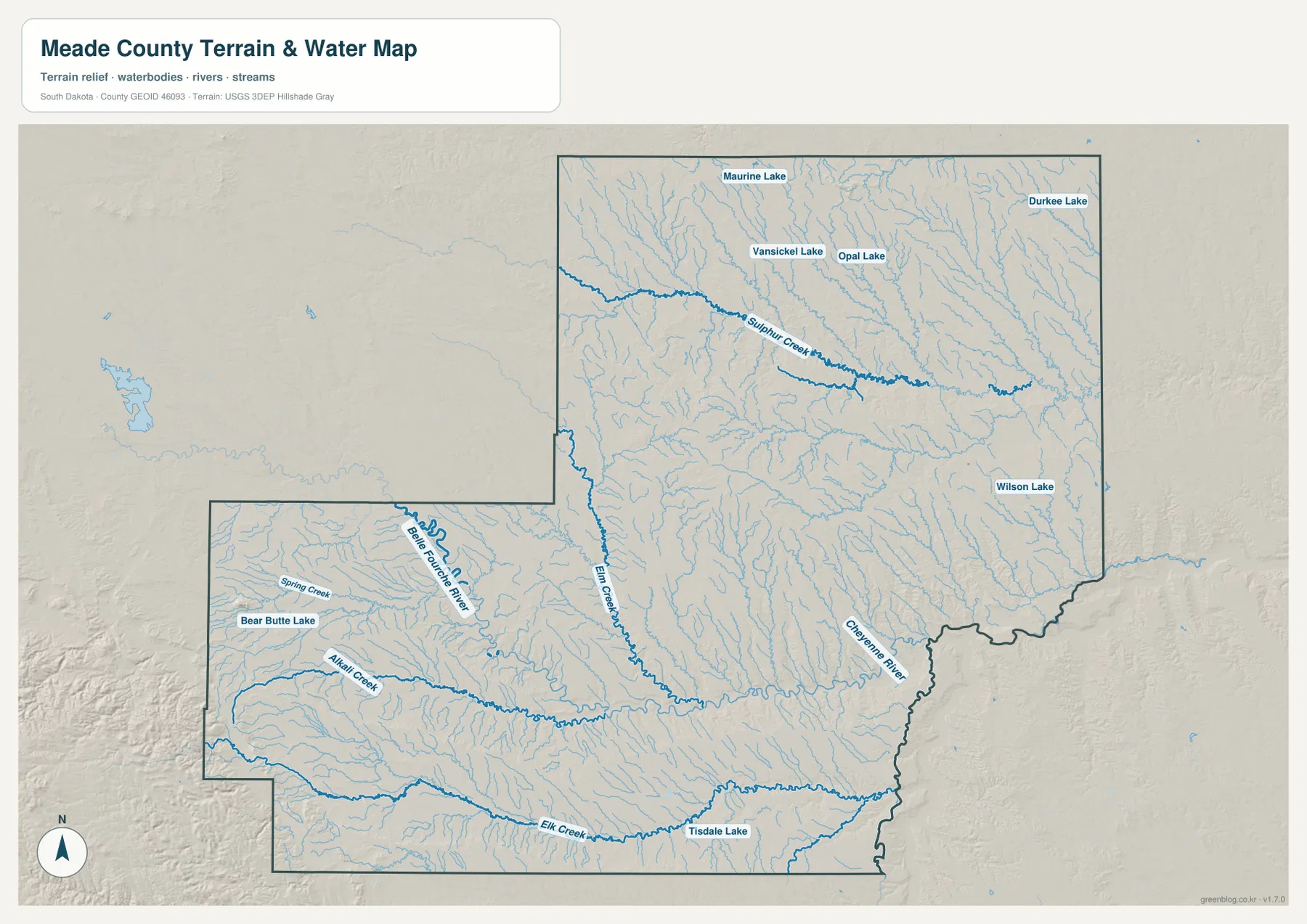 Meade County water map showing Sulphur Creek, Elm Creek, Cheyenne River, Elk Creek, Alkali Creek and named lakes