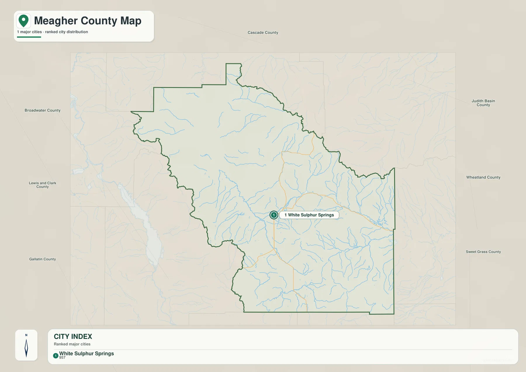 Meagher County city map showing White Sulphur Springs as the only ranked city