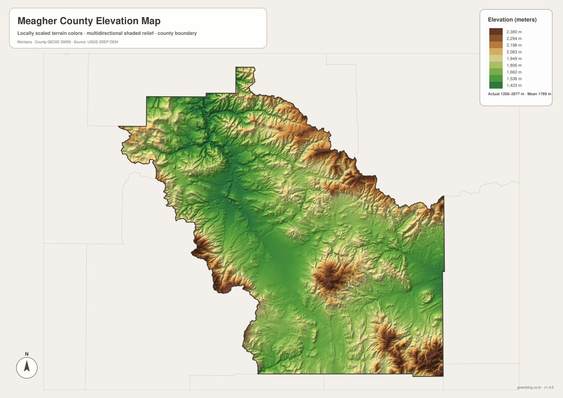 Meagher County Montana elevation map showing an actual range of 1208 to 2877 meters and a mean of 1789 meters