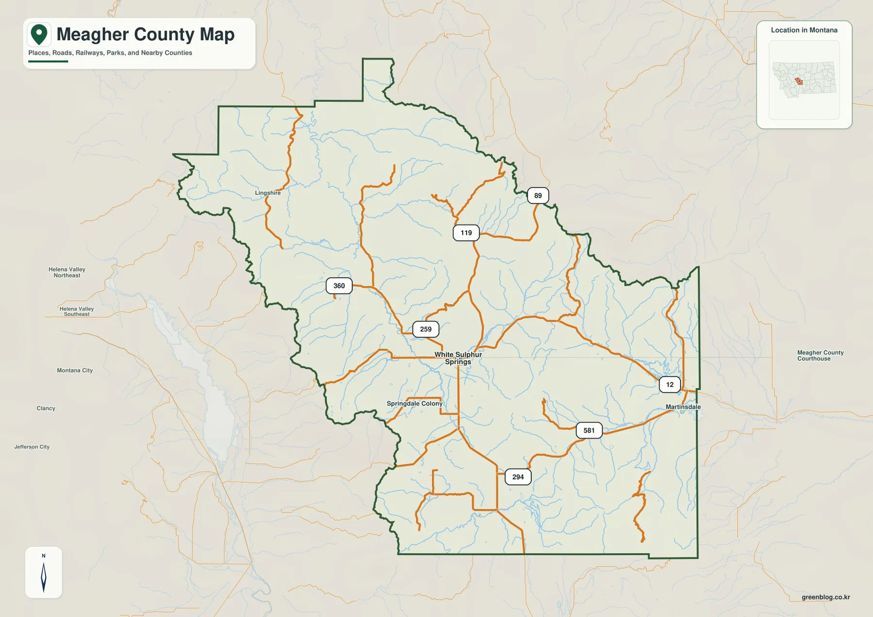 Meagher County Montana map showing White Sulphur Springs, Martinsdale, Lingshire, and routes 89, 119, 259, 294, 360, and 581