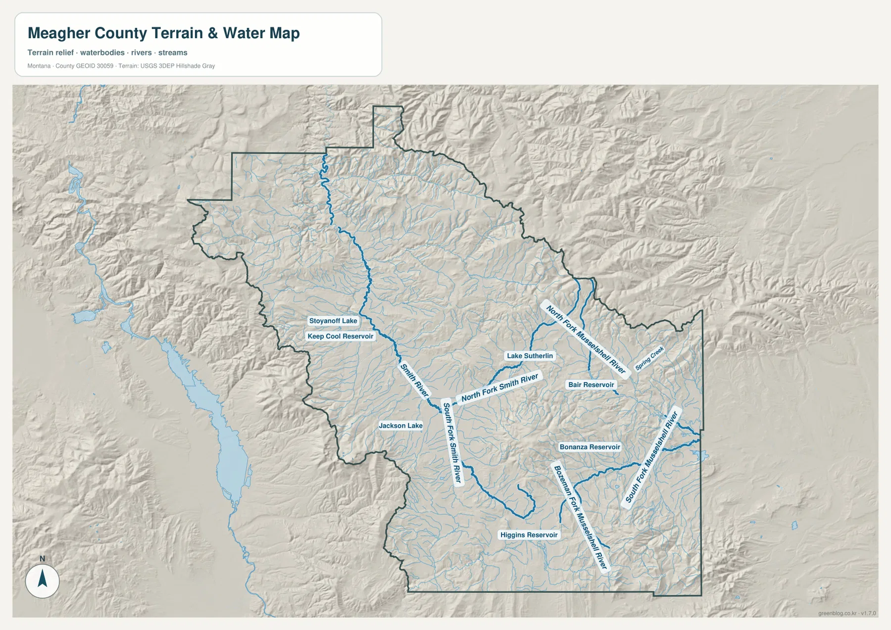 Meagher County terrain and water map showing Smith River, North and South Fork Smith River, Musselshell River forks, and major reservoirs