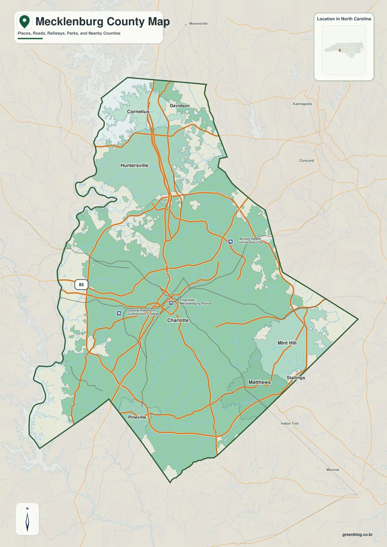 Mecklenburg County North Carolina map showing Charlotte, Huntersville, Cornelius, Davidson, Matthews, Mint Hill, Pineville and major roads