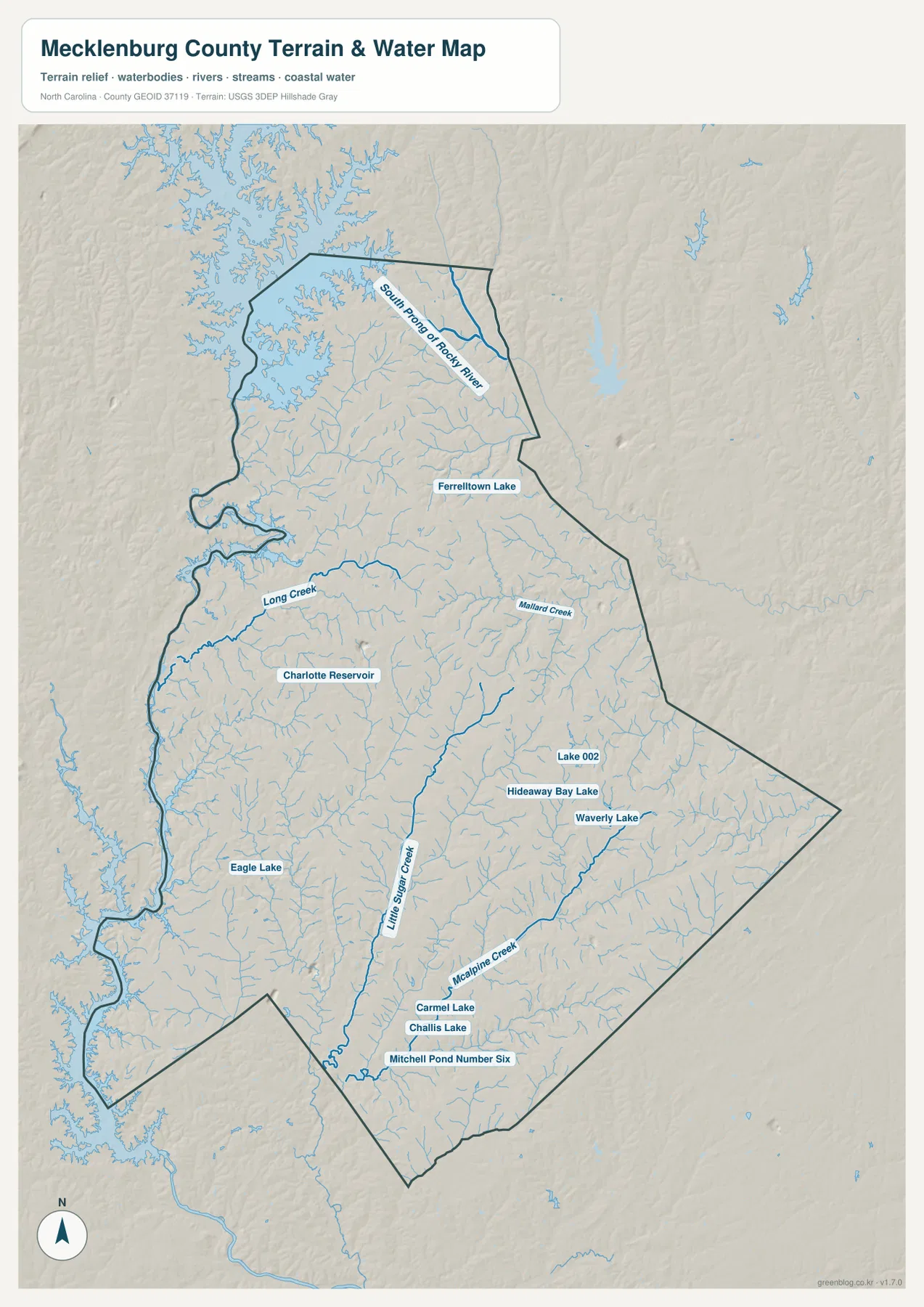 Mecklenburg County terrain and water map showing Long Creek, Mallard Creek, Little Sugar Creek, McAlpine Creek and labeled lakes