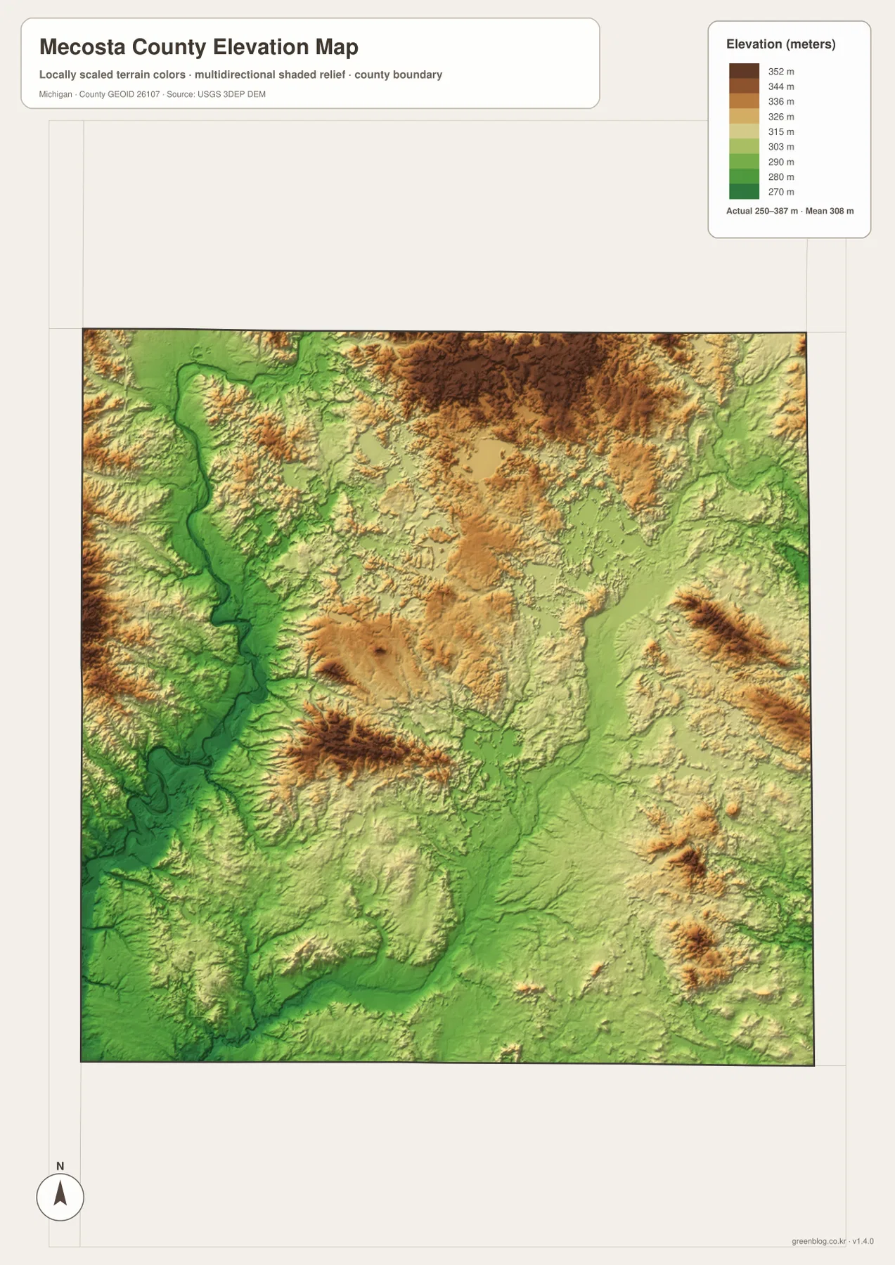 Mecosta County elevation map showing about 250 to 387 meters, low Muskegon River valley and higher north-central uplands