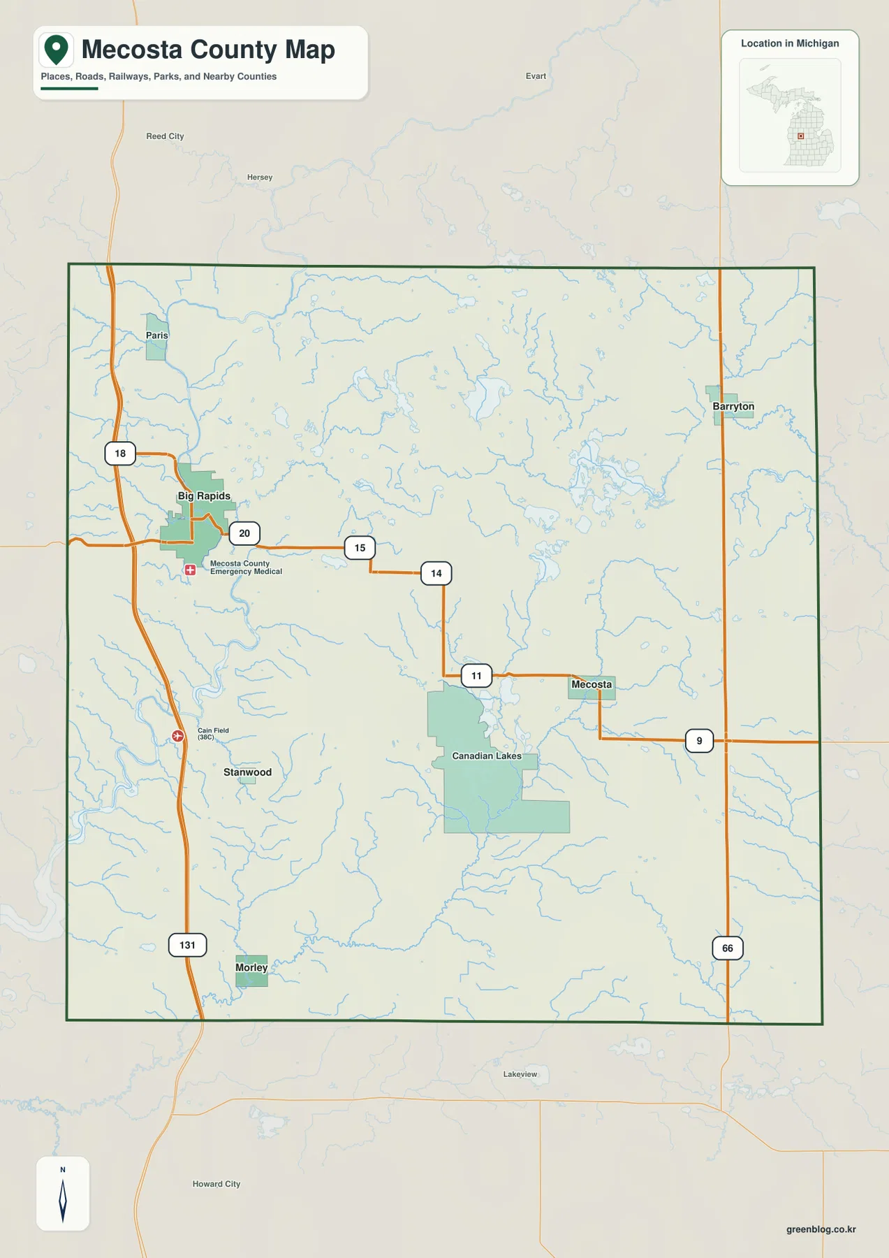 Mecosta County map with Big Rapids, Paris, Stanwood, Morley, Mecosta, Barryton, US-131, M-20 and M-66