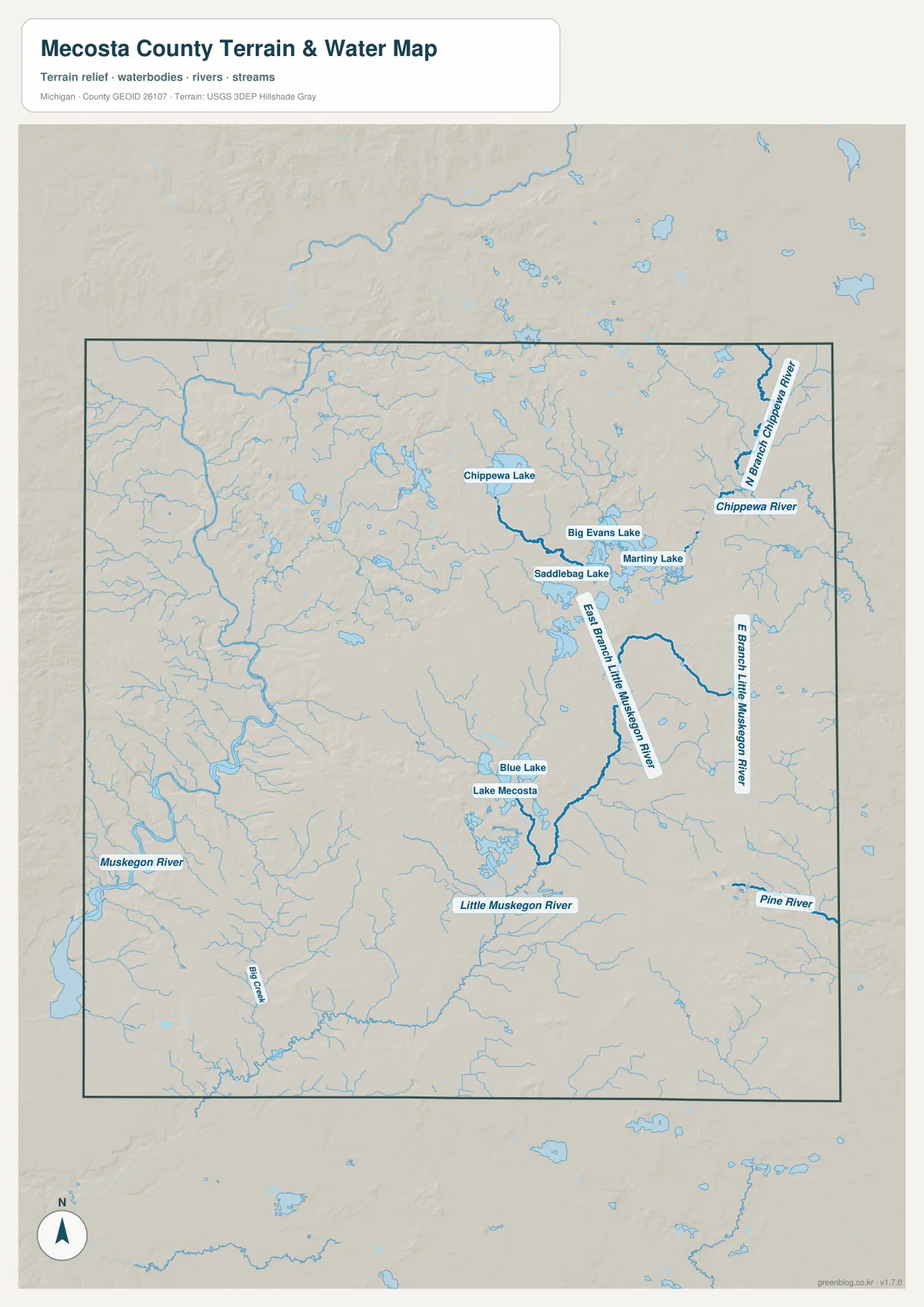 Mecosta County water map with Muskegon River, Little Muskegon River, Chippewa River, Lake Mecosta, Chippewa Lake and Martiny Lake