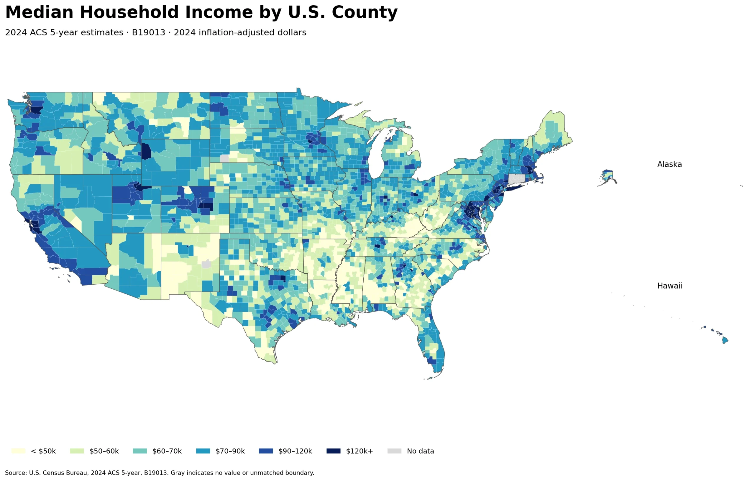 U.S. County Household Income Map based on 2024 ACS 5-year estimates
