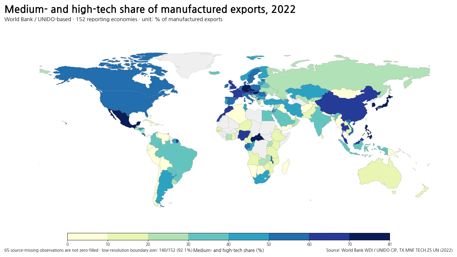 World map of medium- and high-tech products as a share of manufactured exports in 2022