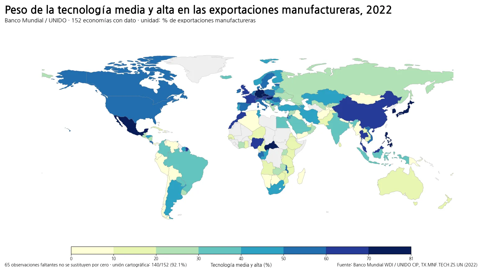 Mapa mundial del peso de productos de tecnología media y alta en las exportaciones manufactureras en 2022