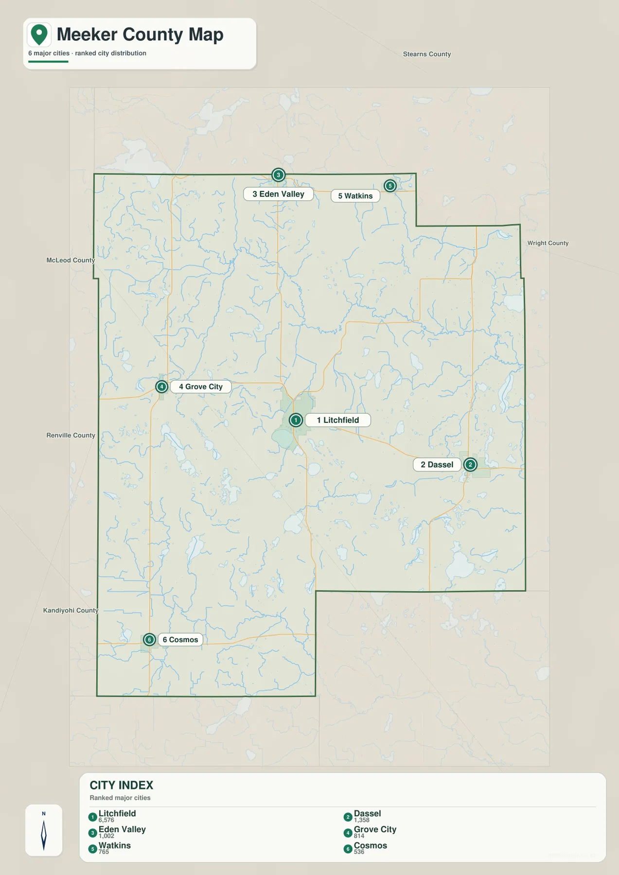 Meeker County Minnesota ranked city distribution map