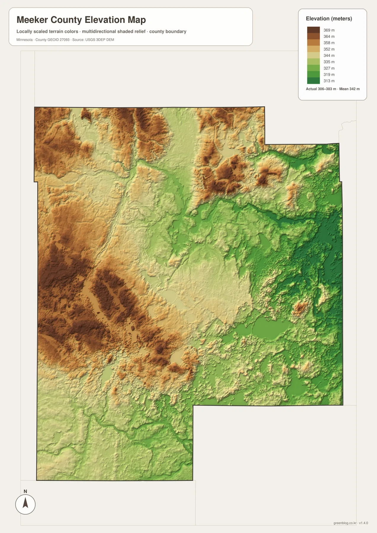 Meeker County Minnesota elevation map showing higher western terrain and lower eastern terrain