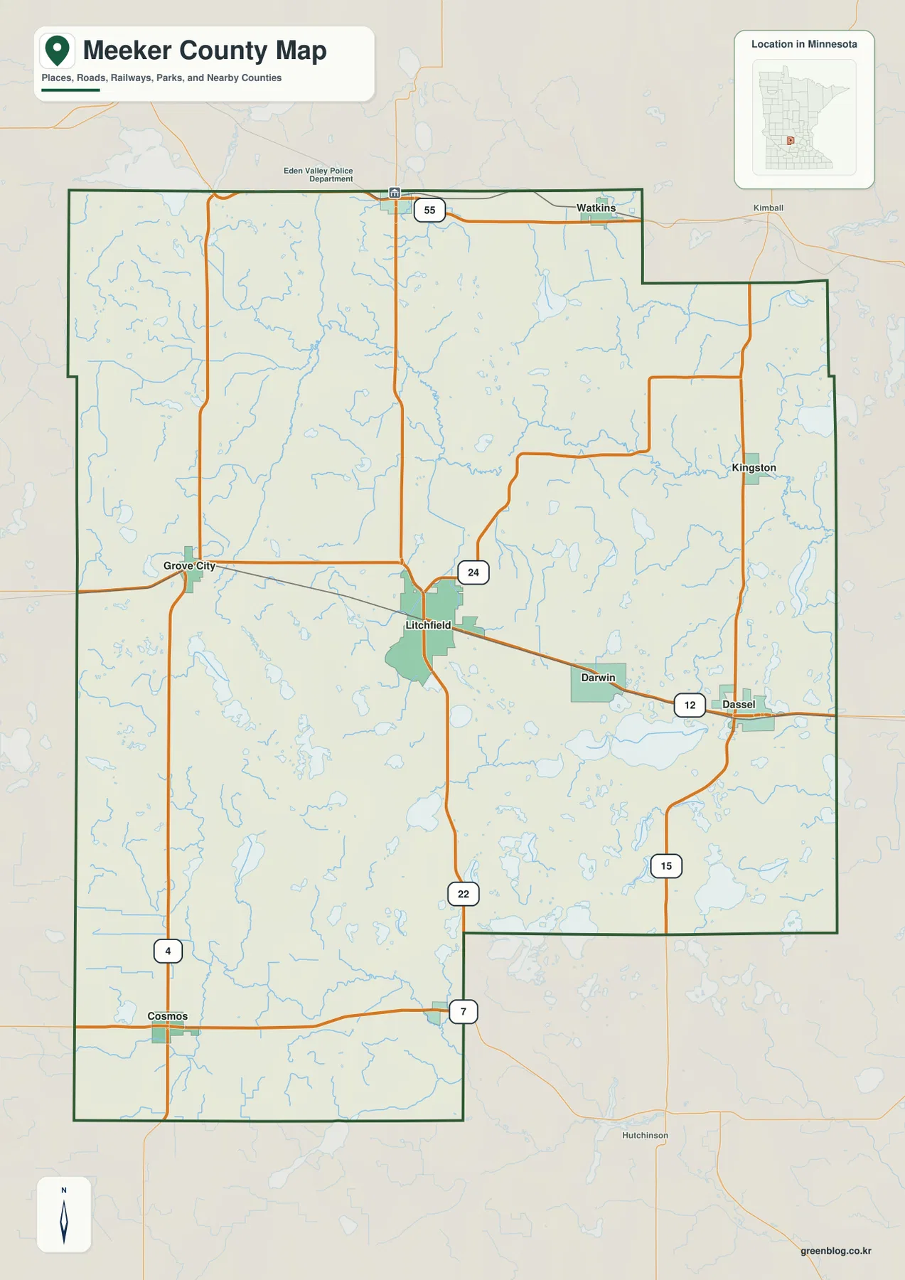 Meeker County Minnesota map showing Litchfield, roads, towns, and the county boundary