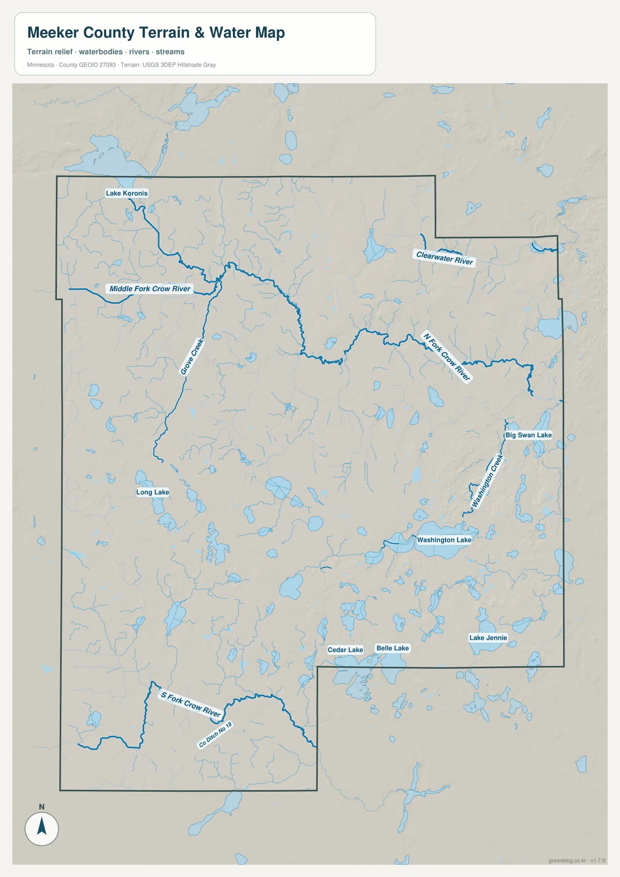 Meeker County Minnesota terrain and water map with Crow River branches and lakes