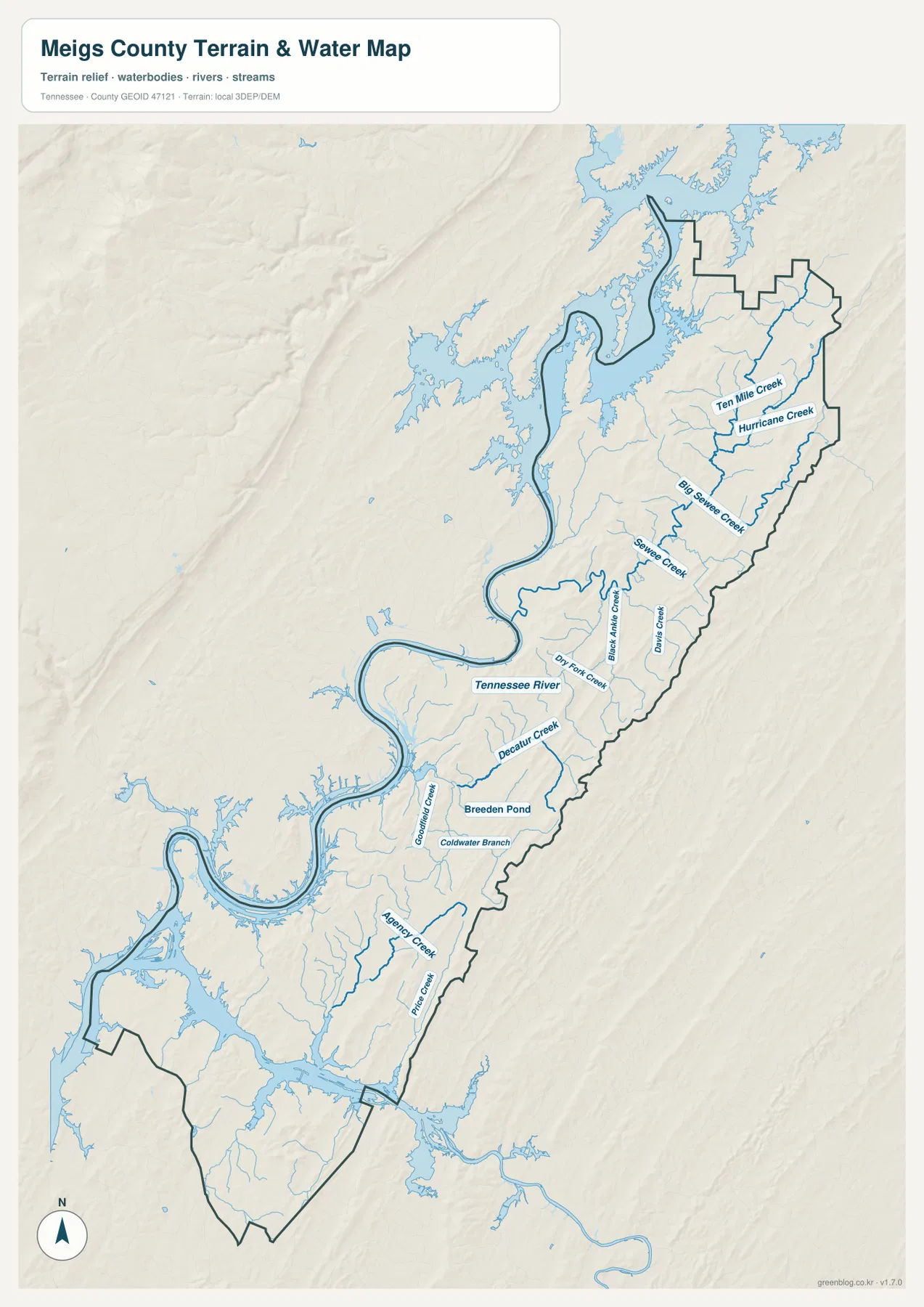 메이그스 카운티 수역 지도 - Tennessee River, Ten Mile Creek, Hurricane Creek, Big Sewee Creek, Decatur Creek과 주요 지류