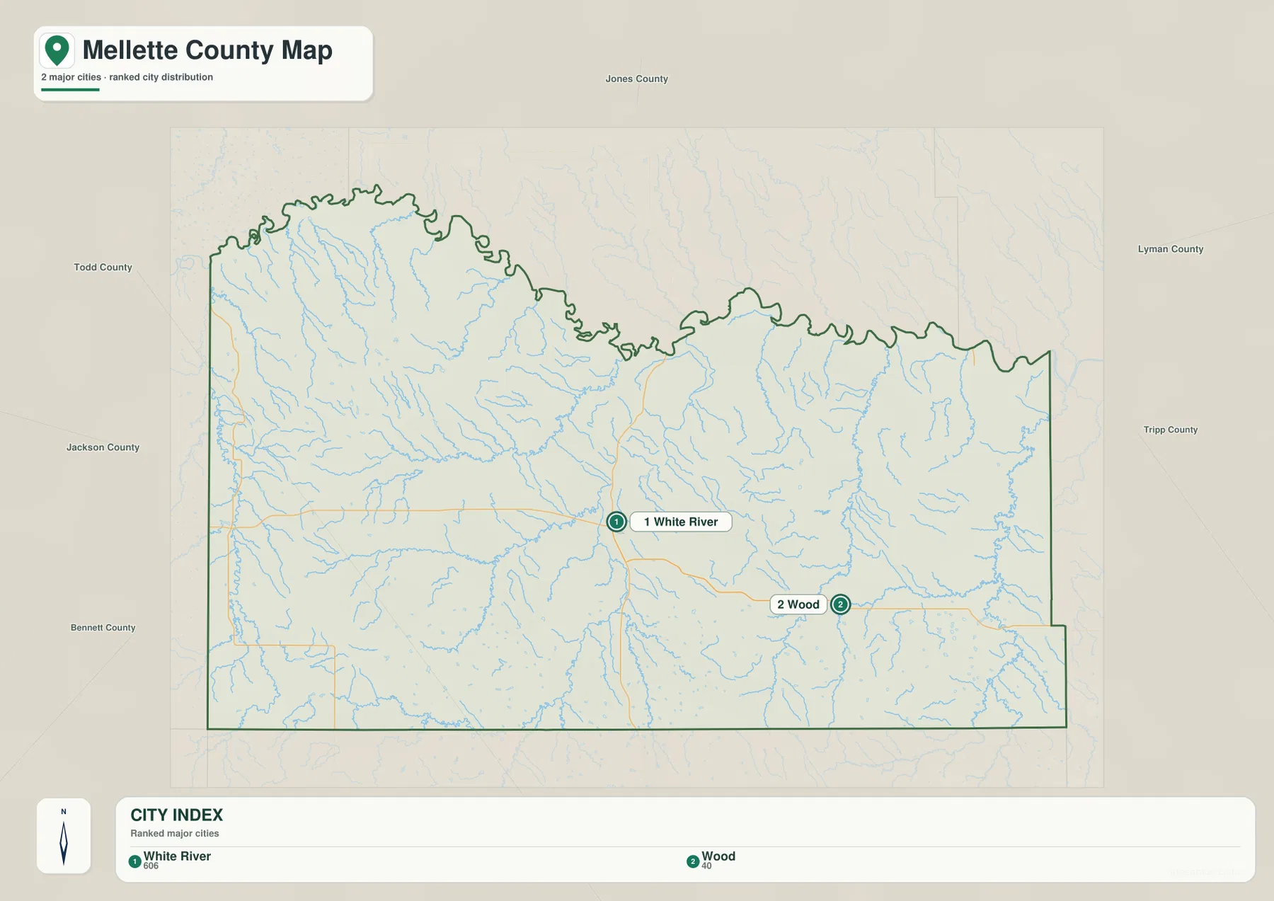 Mellette County city distribution map showing White River and Wood without connector lines or mileage labels