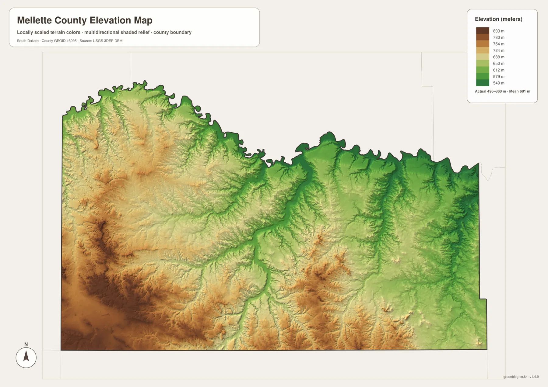 Mellette County South Dakota elevation map showing about 496 to 860 meters, high southwestern ground and lower northern and eastern valleys