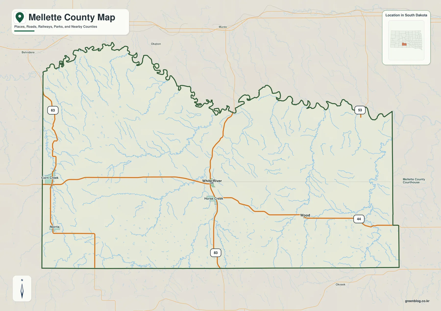 Mellette County South Dakota general map showing White River, Wood, Corn Creek, Norris and roads 63, 83, 44 and 53