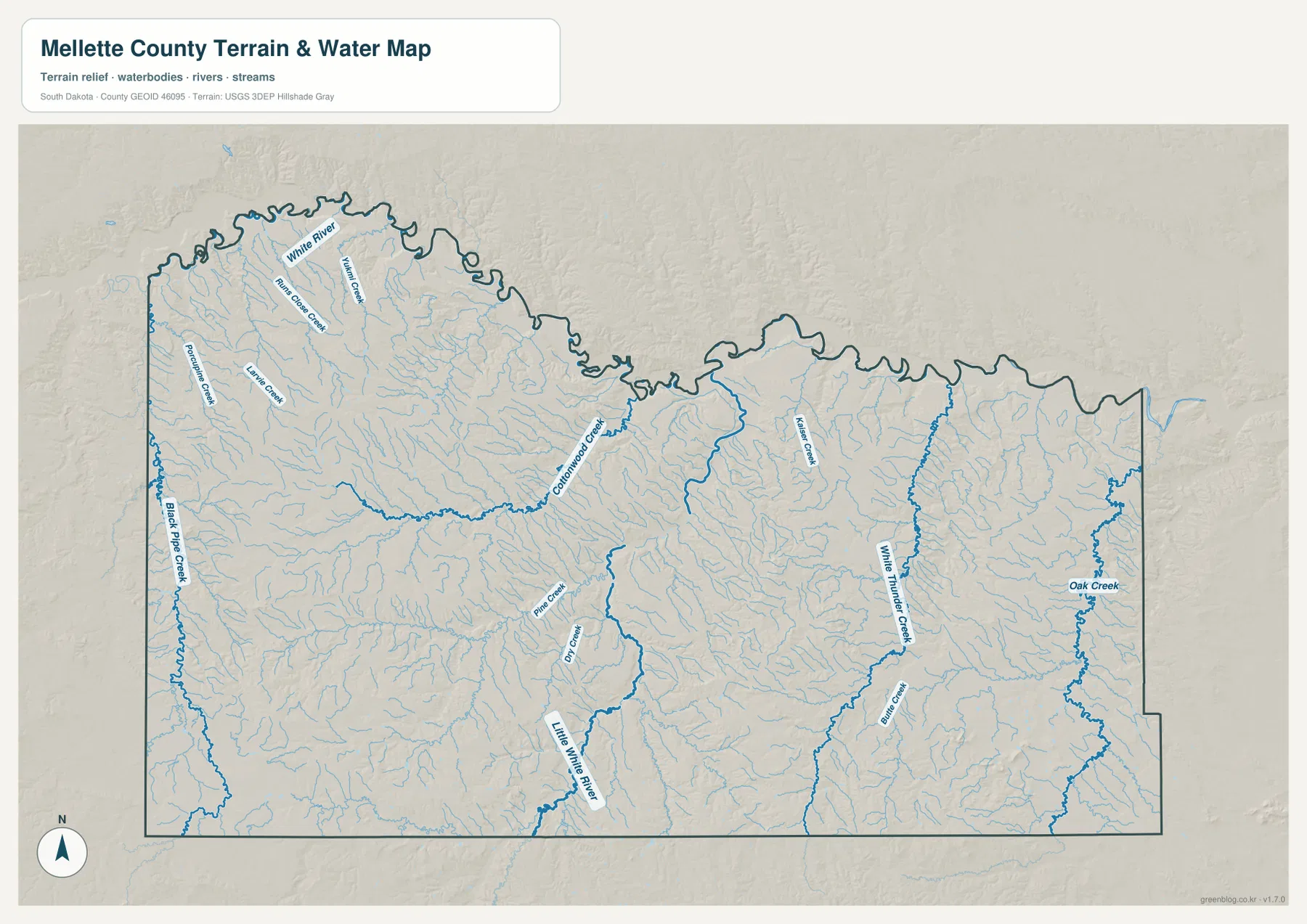 Mellette County water map showing White River, Cottonwood Creek, Little White River, White Thunder Creek, Butler Creek and Oak Creek