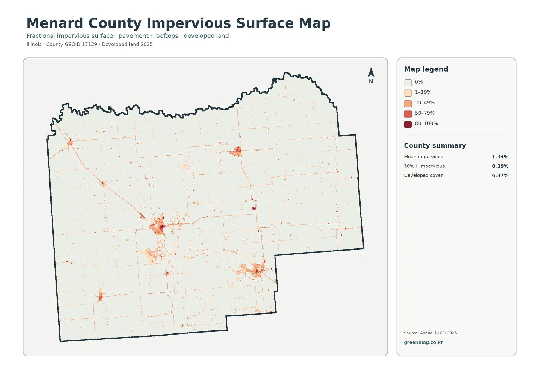 Menard County impervious surface and developed land map