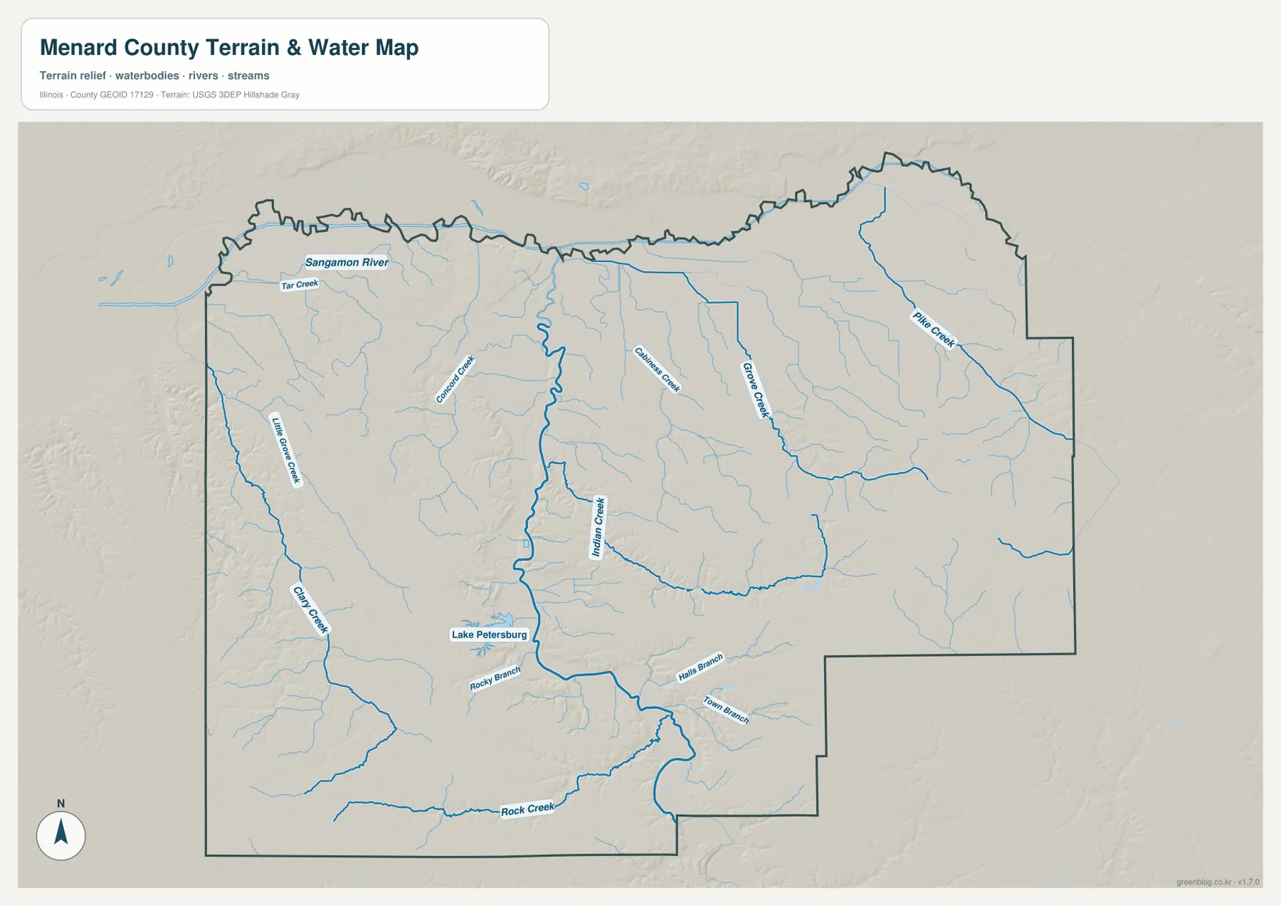 Sangamon River, Lake Petersburg, Indian Creek, Grove Creek, Pike Creek, Rock Creek를 보여 주는 Menard County 수역 지도