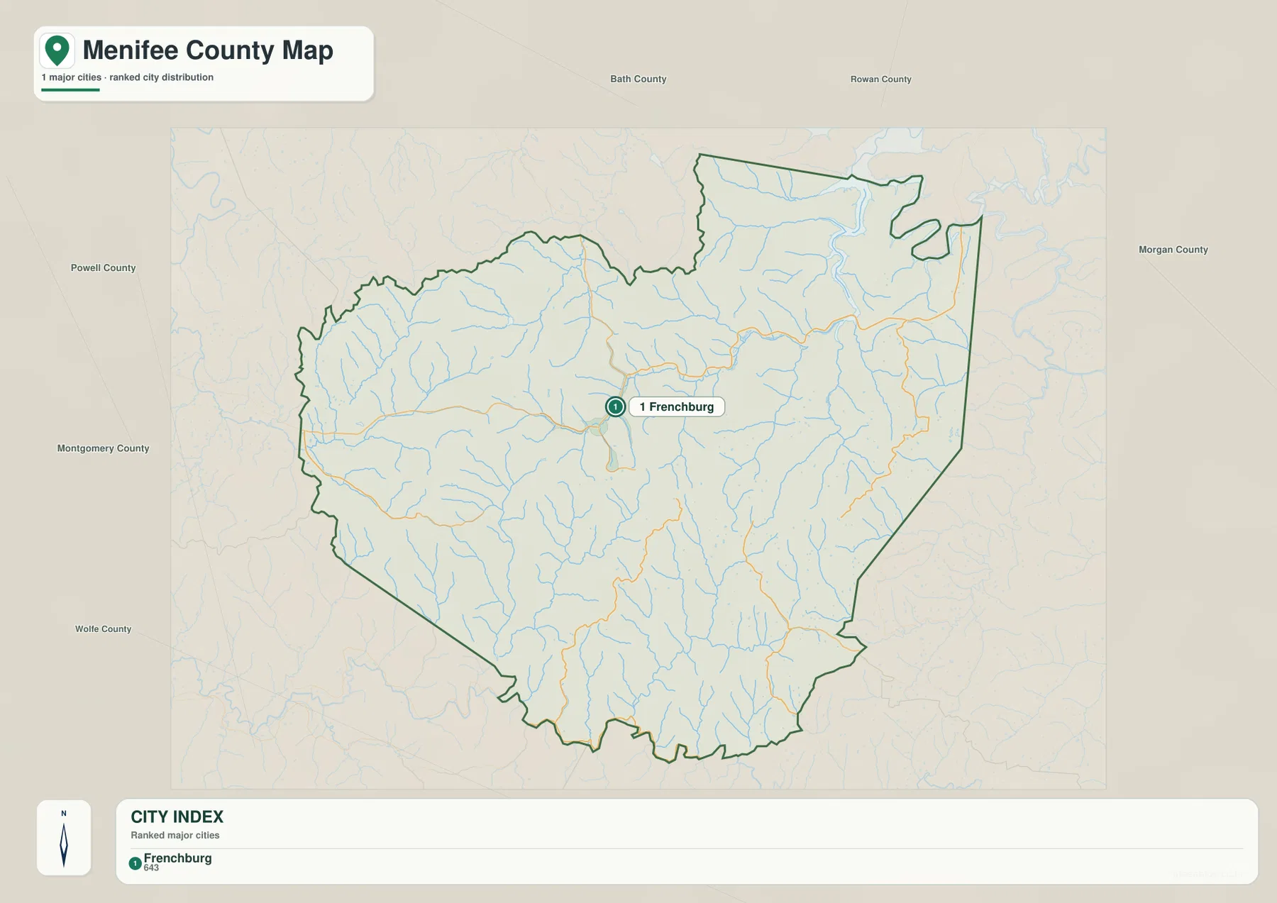 Menifee County city distribution map showing Frenchburg and neighboring Bath, Rowan, Morgan, Powell, Montgomery, and Wolfe counties