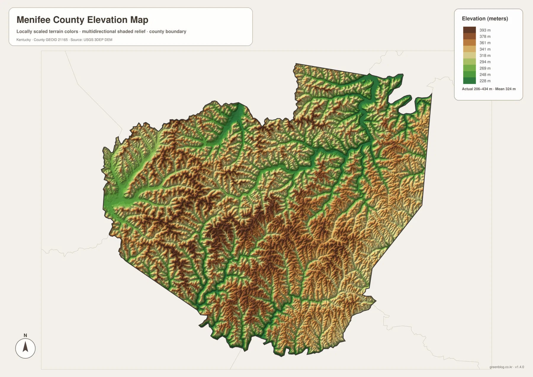 Menifee County elevation map showing the 206 to 434 meter range, low creek valleys, higher ridges, and the Cave Run Lake area