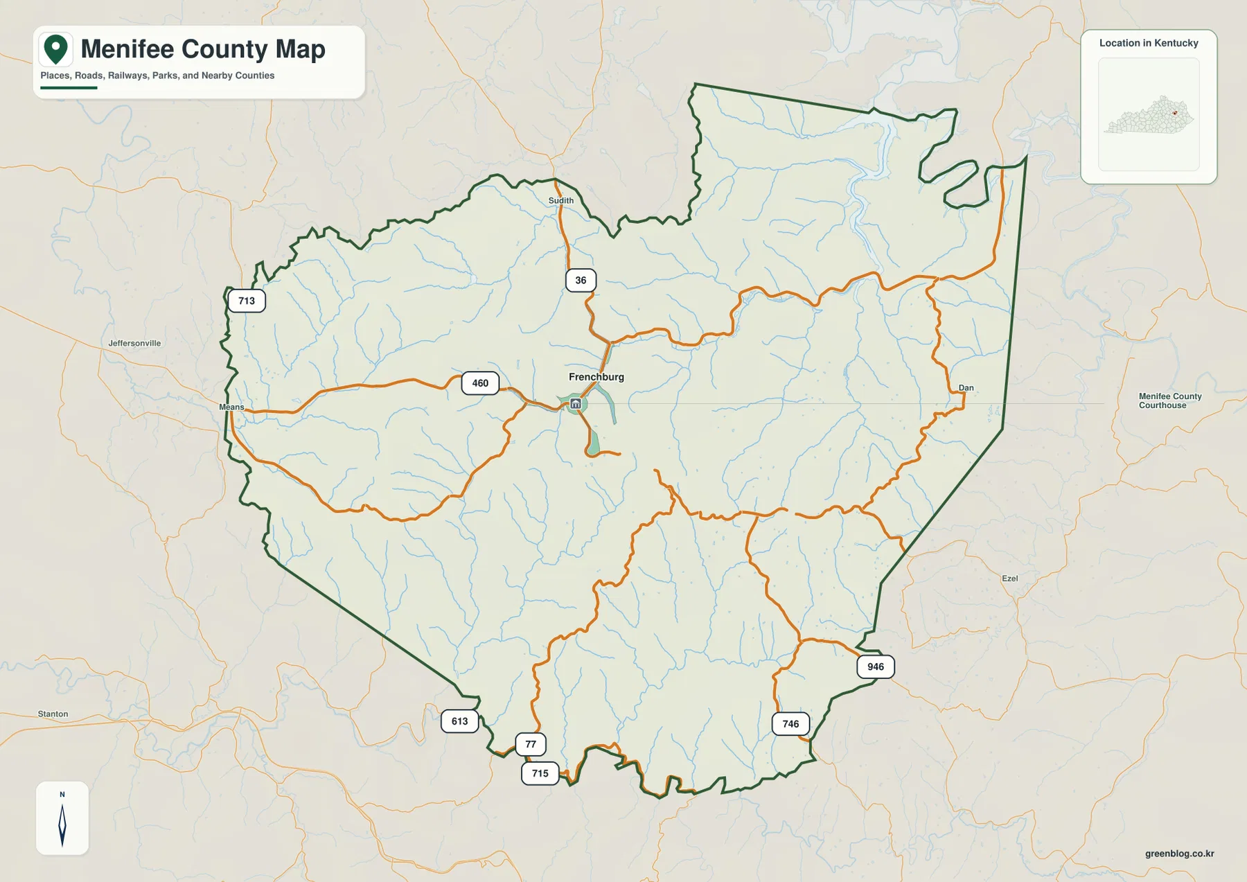 Menifee County Kentucky map showing Frenchburg, Means, Sudith, Dan, routes 460, 36, 713, 613, and other roads