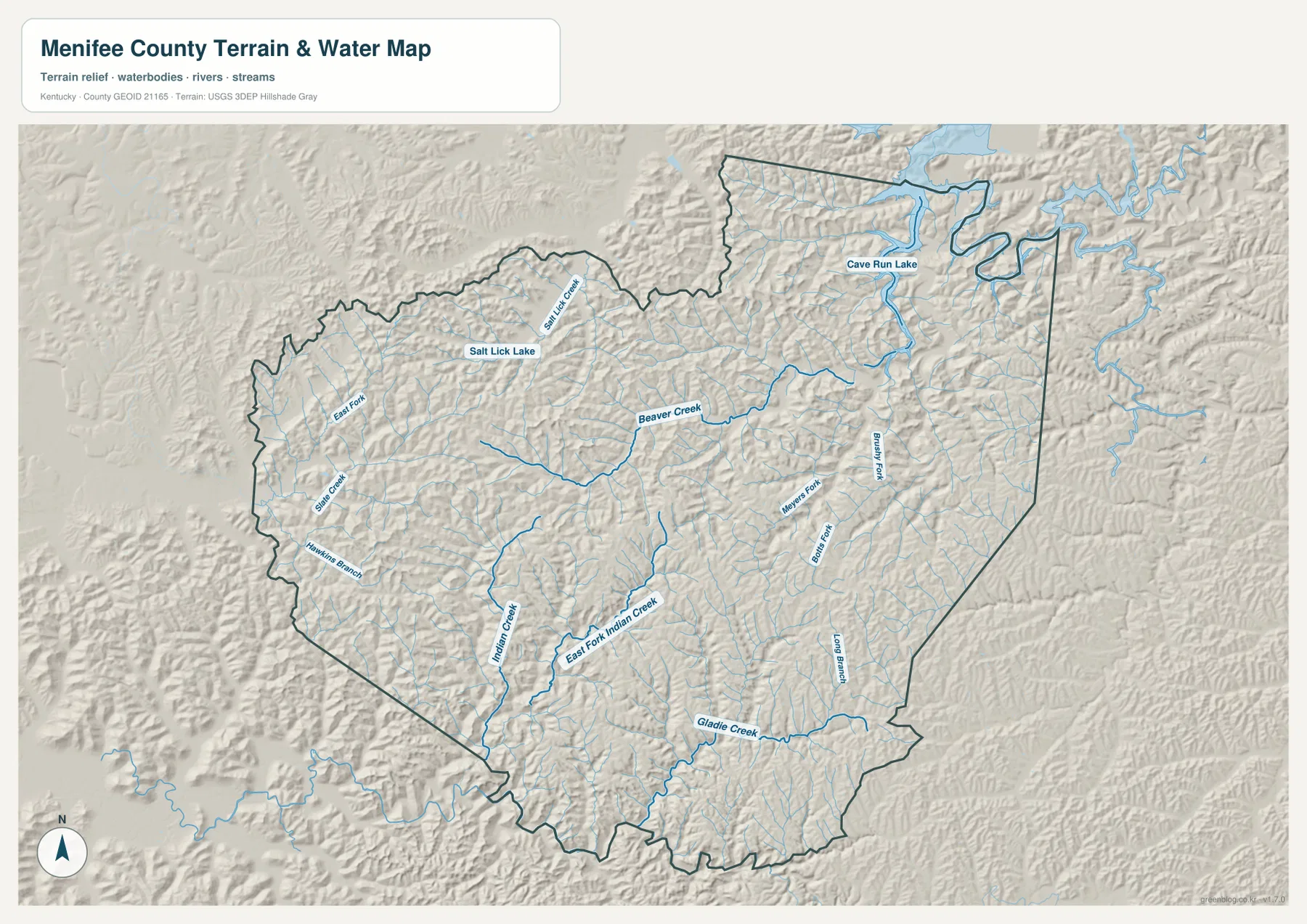 Menifee County terrain and water map showing Cave Run Lake, Salt Lick Lake, Salt Lick Creek, Beaver Creek, Indian Creek, Gladie Creek, Brushy Fork, and tributaries