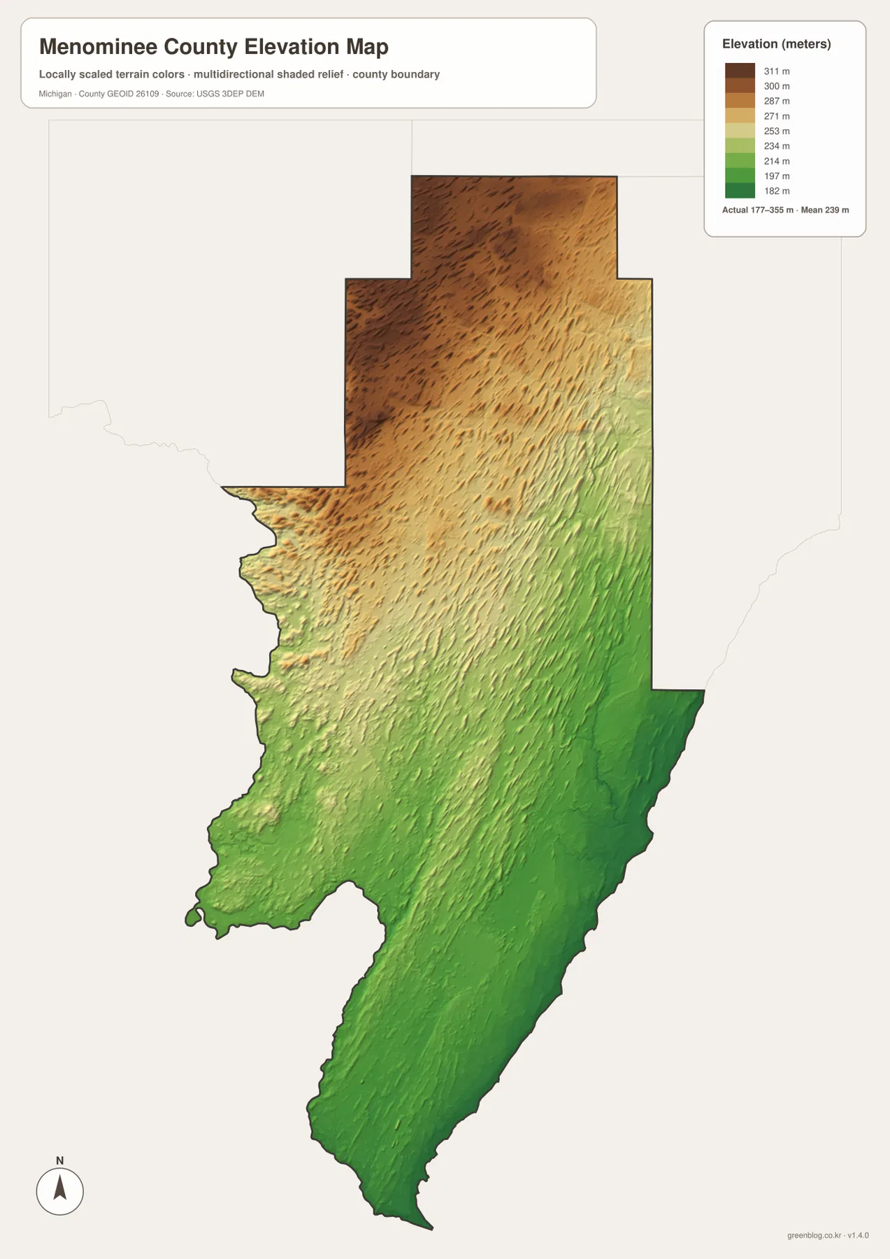 메노미니 카운티 고도 지도 – 약 177~355m, 북부·북서부 고지와 Green Bay 해안 저지