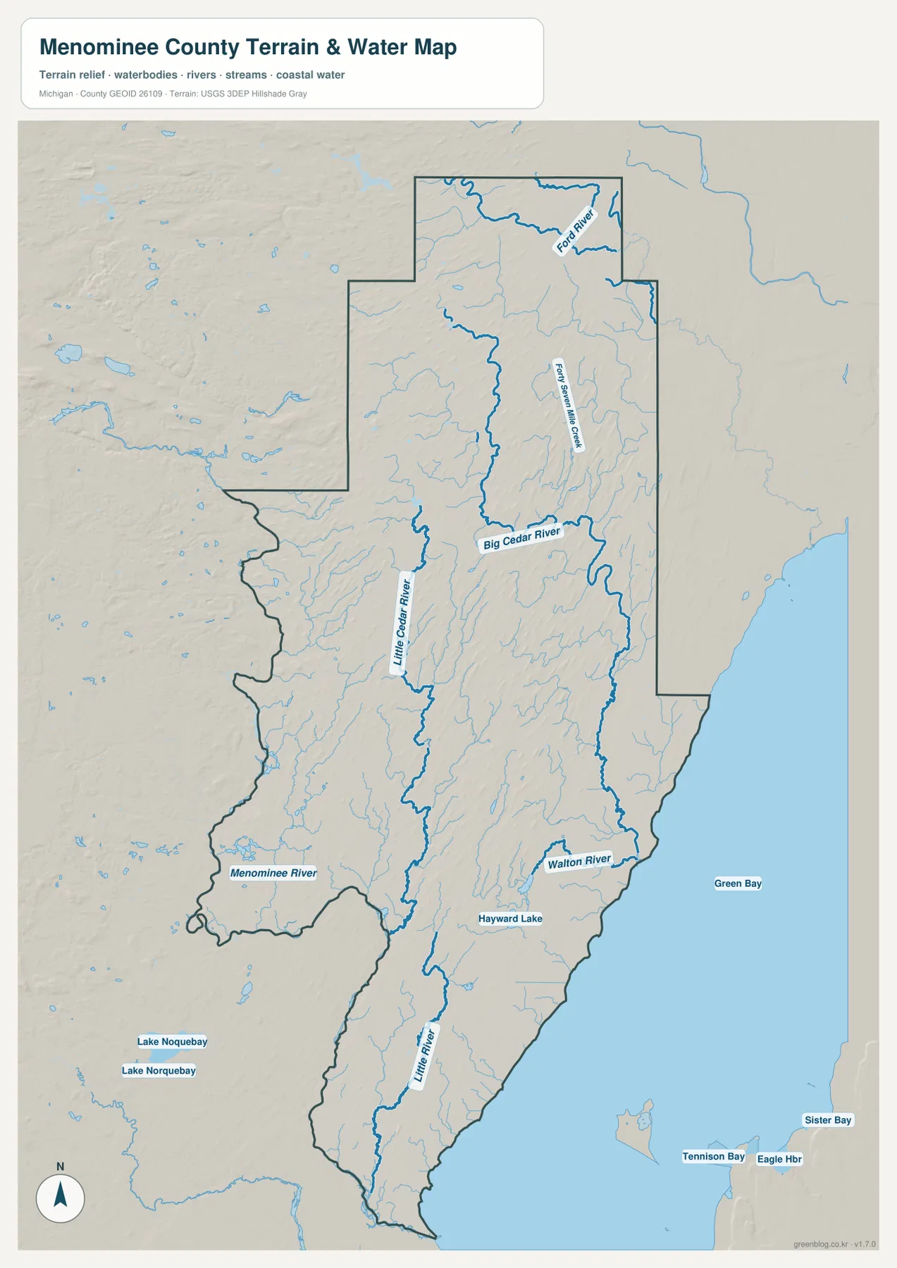 메노미니 카운티 수역 지도 – Menominee River, Little River, Little Cedar River, Big Cedar River, Ford River와 Green Bay
