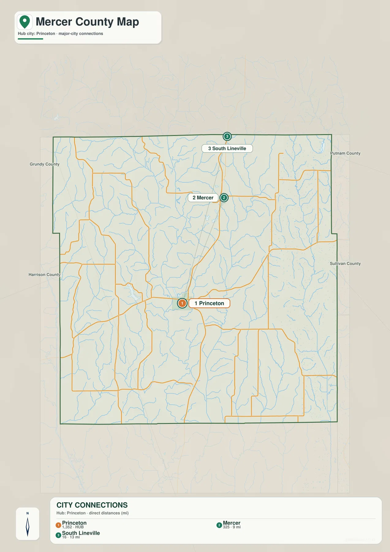 Mercer County city map highlighting Princeton, Mercer, and South Lineville in northern Missouri