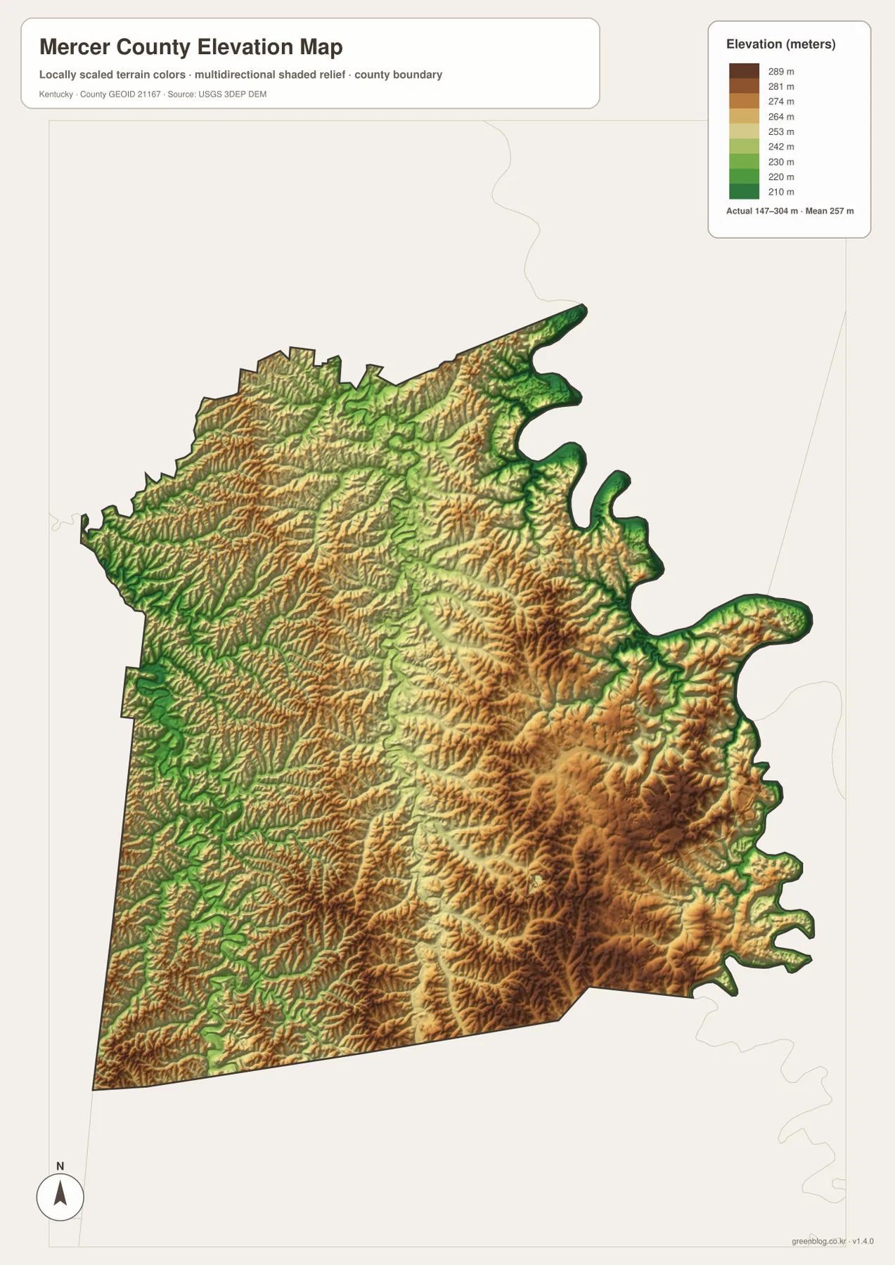 Mercer County elevation map showing the 147 to 304 meter range, Kentucky River and Salt River lowlands, and higher eastern and southeastern uplands