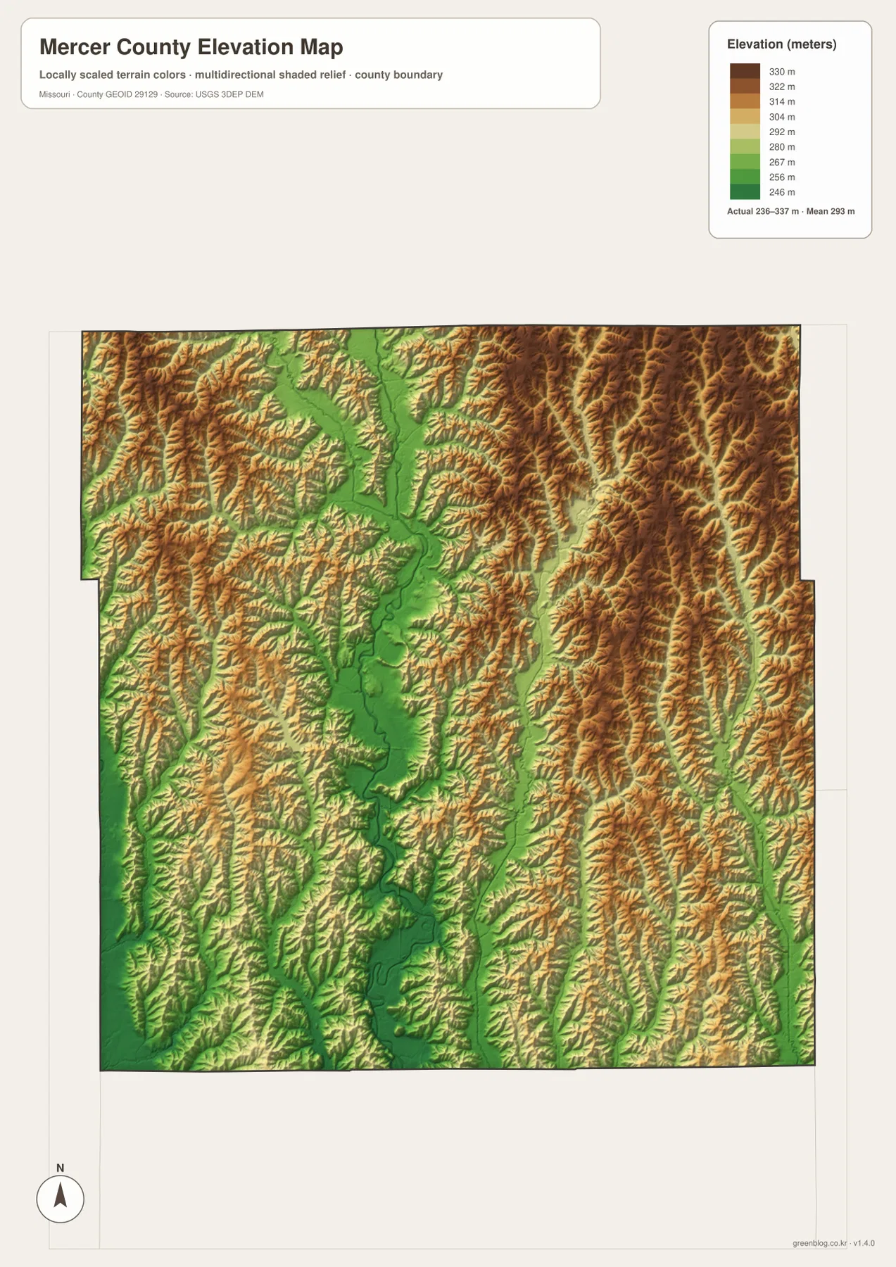 Mercer County Missouri elevation map showing 236 to 337 meter relief and the low Weldon River corridor