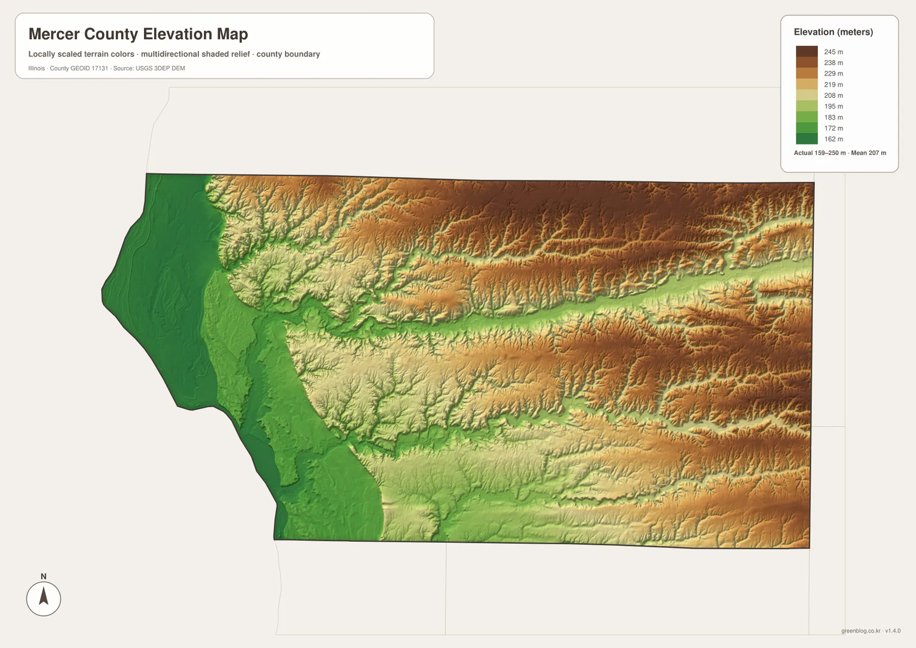 159~250m 범위의 Mercer County 고도와 Mississippi River 저지대, 북부·동부 구릉, Edwards River 골짜기를 보여 주는 지도
