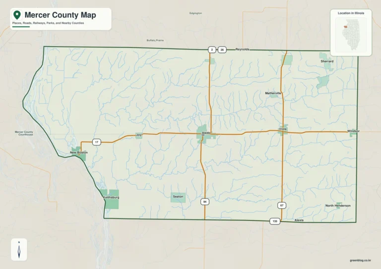 일리노이주 머서 카운티(Mercer County) 지도 – Aledo·Edwards River와 Mississippi River 저지대