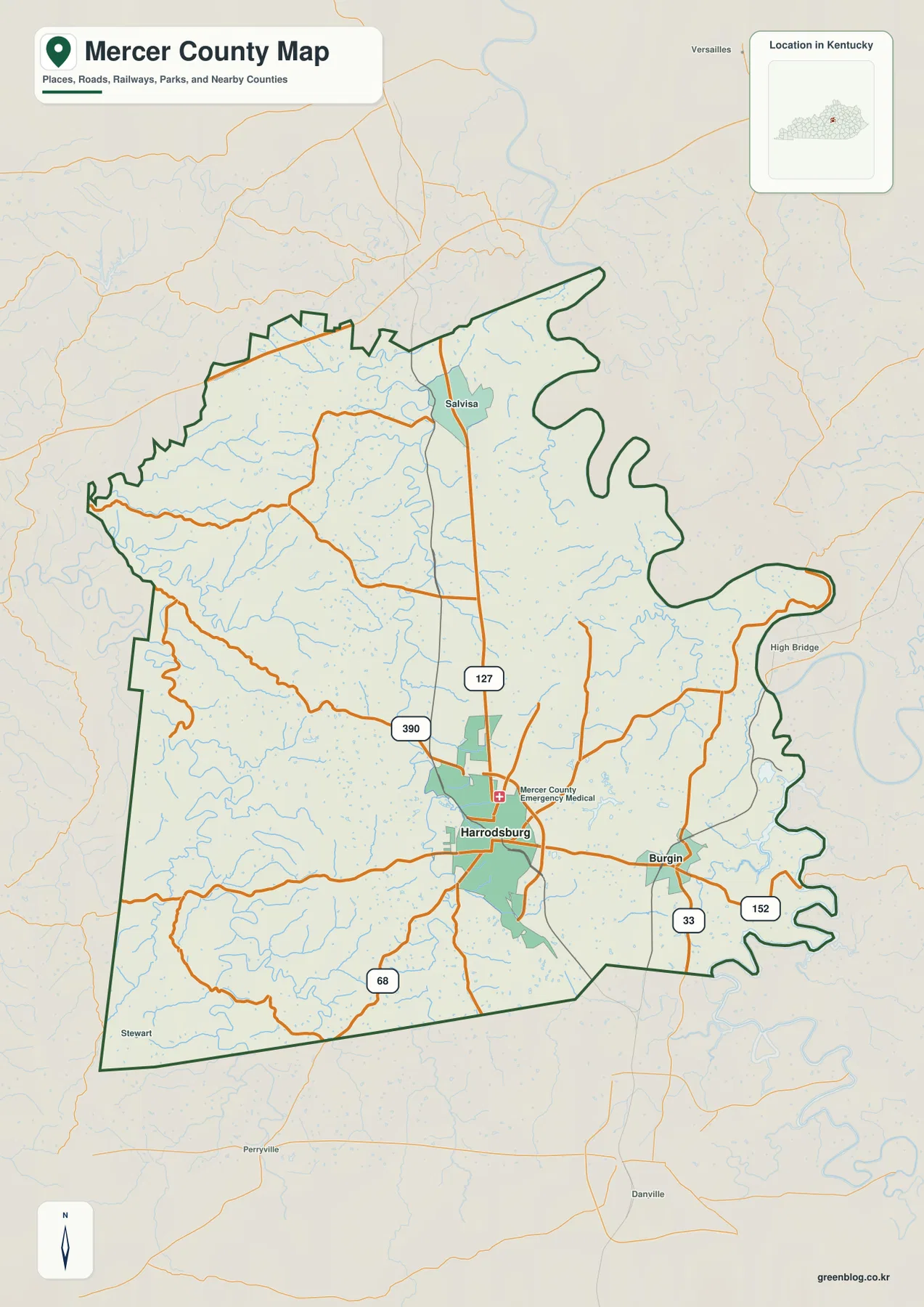 Mercer County Kentucky map showing Harrodsburg, Burgin, Salvisa, routes 127, 68, 390, 33, 152, and the county boundary