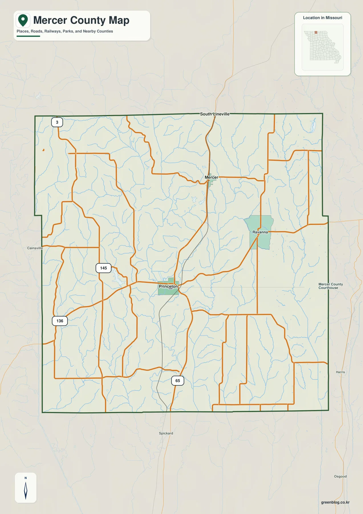 Mercer County Missouri map showing Princeton, U.S. 65, U.S. 136, Mercer, South Lineville, and Ravanna