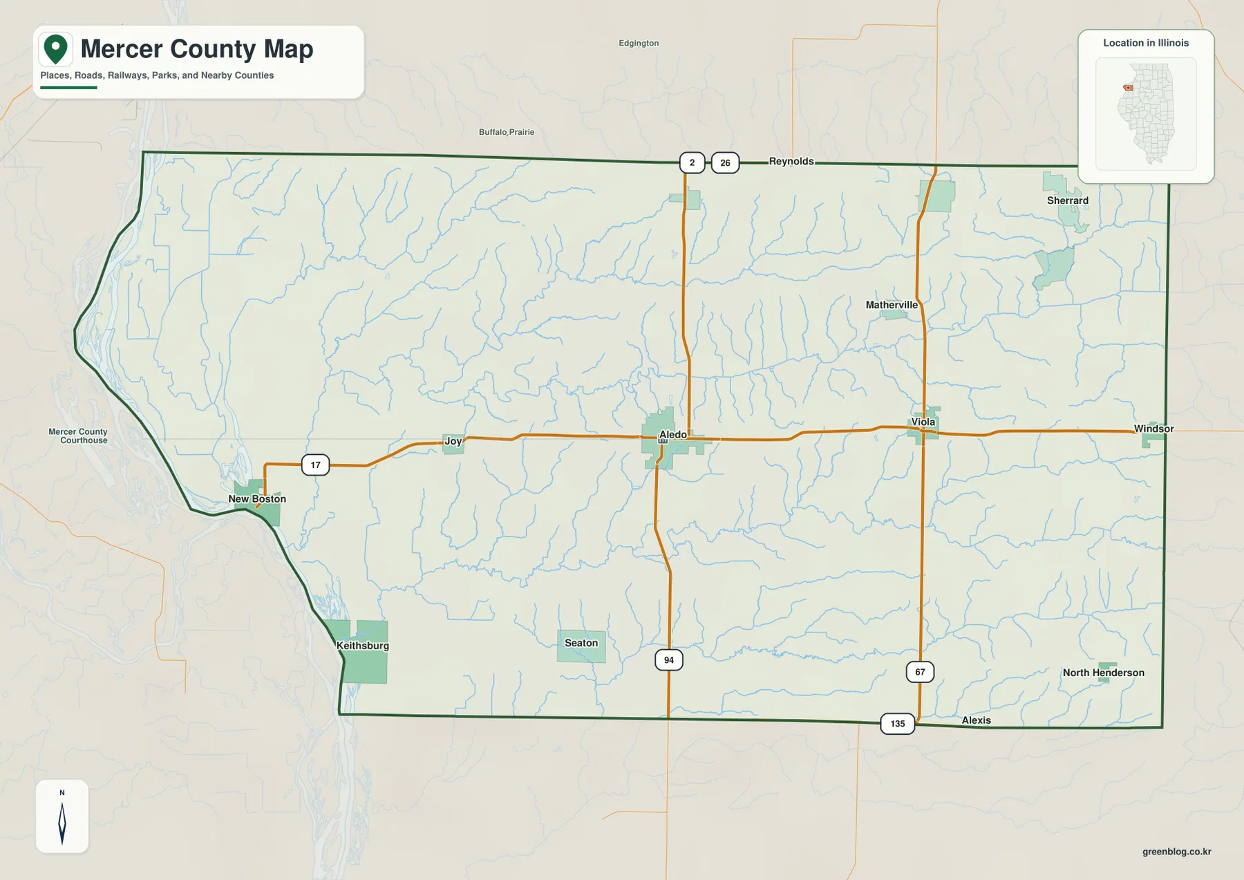 Aledo, New Boston, Viola, Sherrard, Keithsburg와 주요 도로를 보여 주는 일리노이주 Mercer County 지도